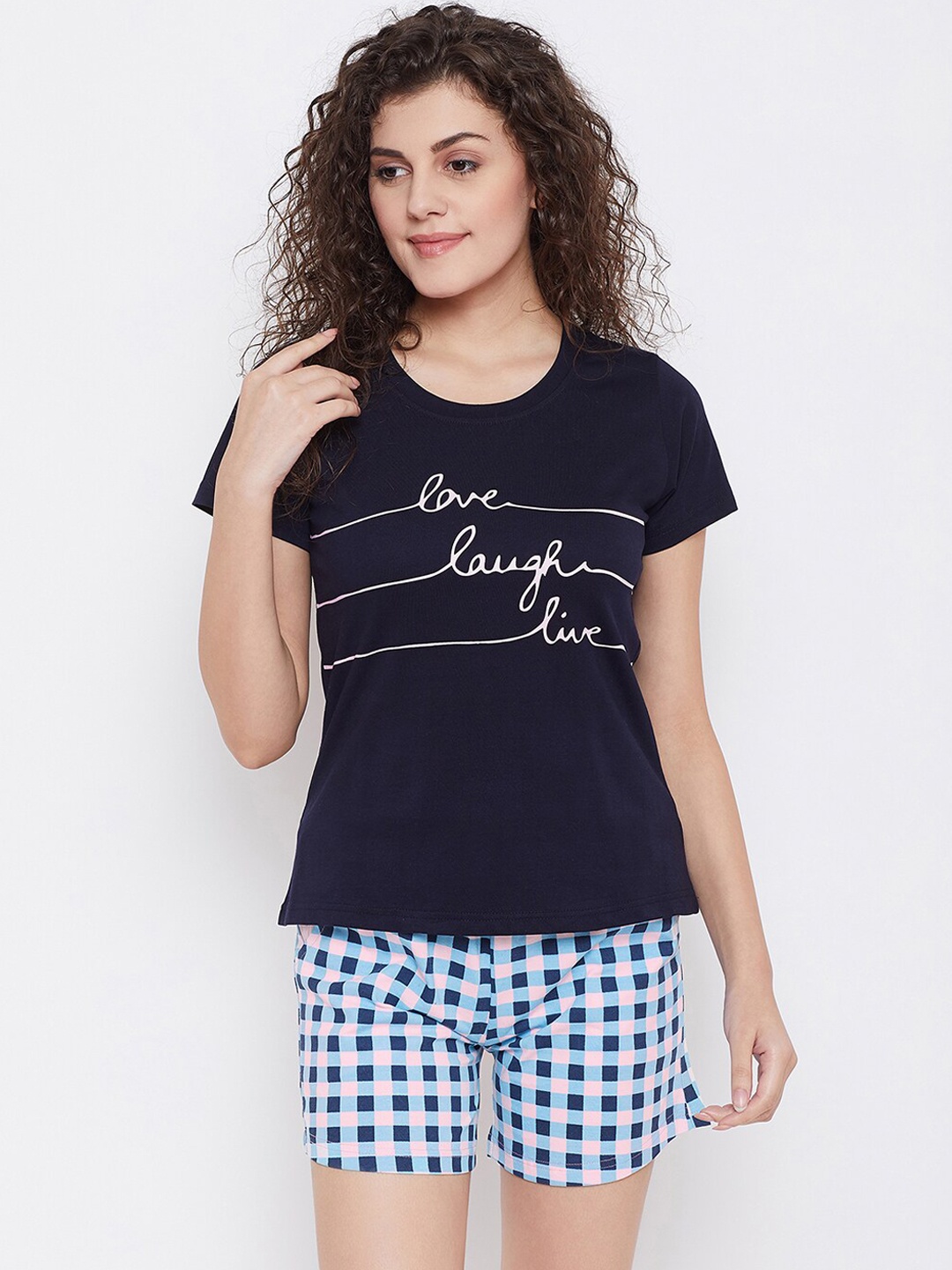 Clovia Women Navy Blue & Pink Printed Night suit