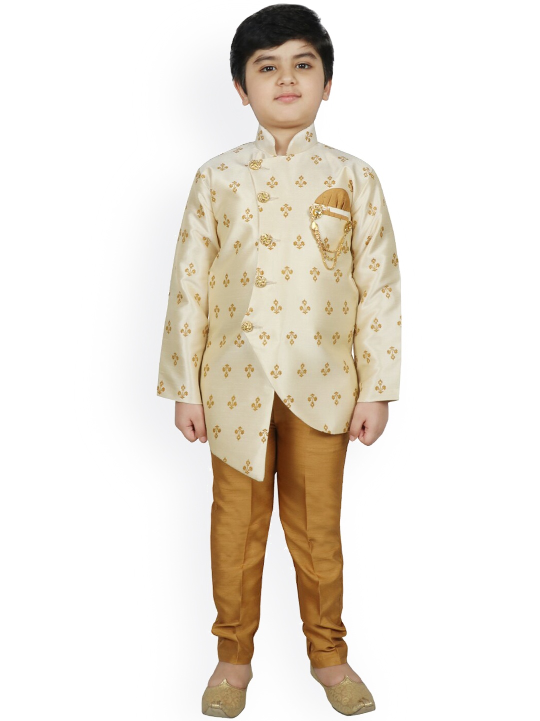 SG YUVRAJ Boys Off White & Brown Raw Silk Sherwani Set