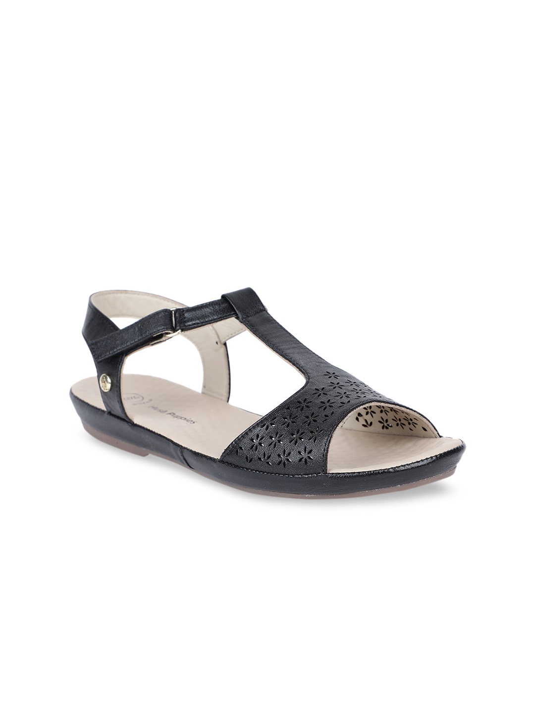 Hush Puppies Women Black Laser Cut Leather Open Toe Flats