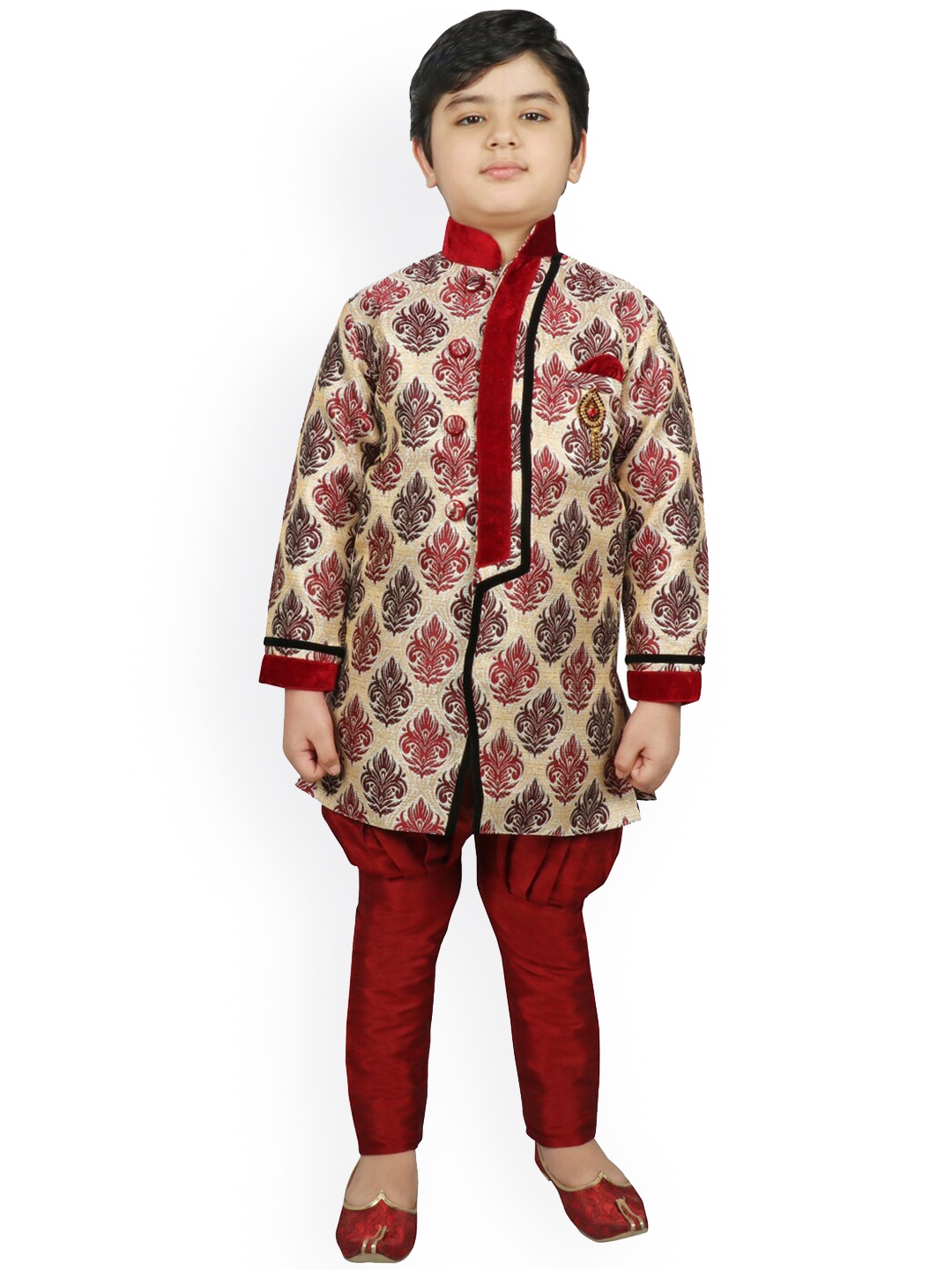 SG YUVRAJ Boys Maroon & Beige Printed Kurta with Churidar