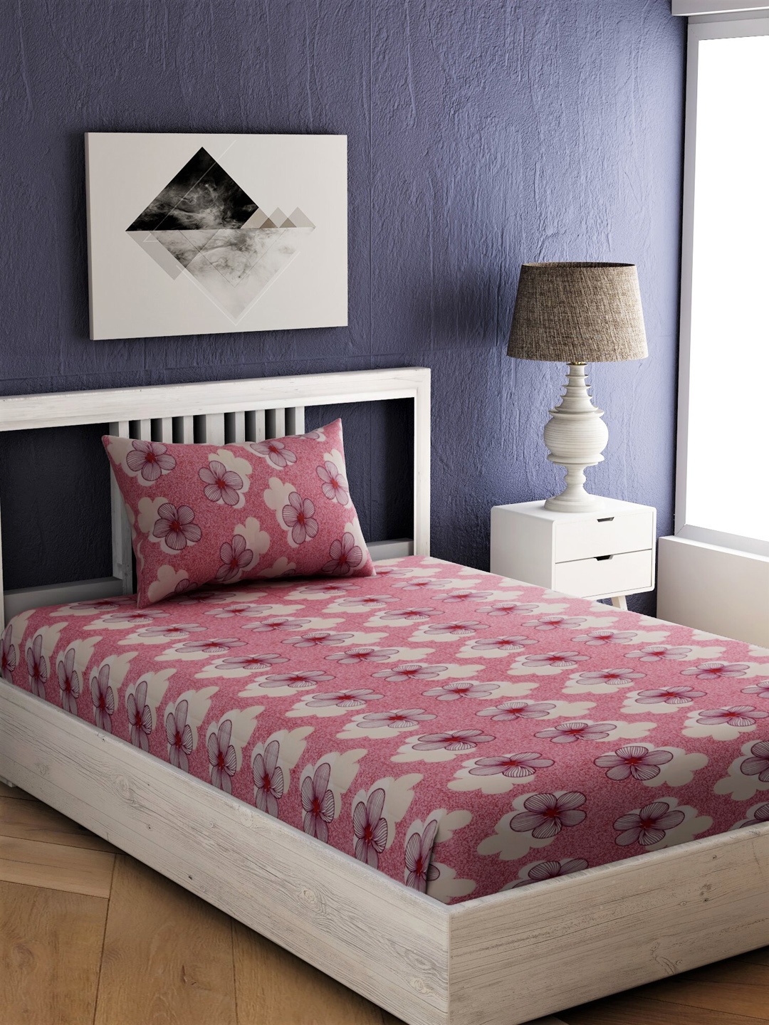EverHOME Pink & White Floral 144 TC Cotton 1 Single Bedsheet with 1 Pillow Covers