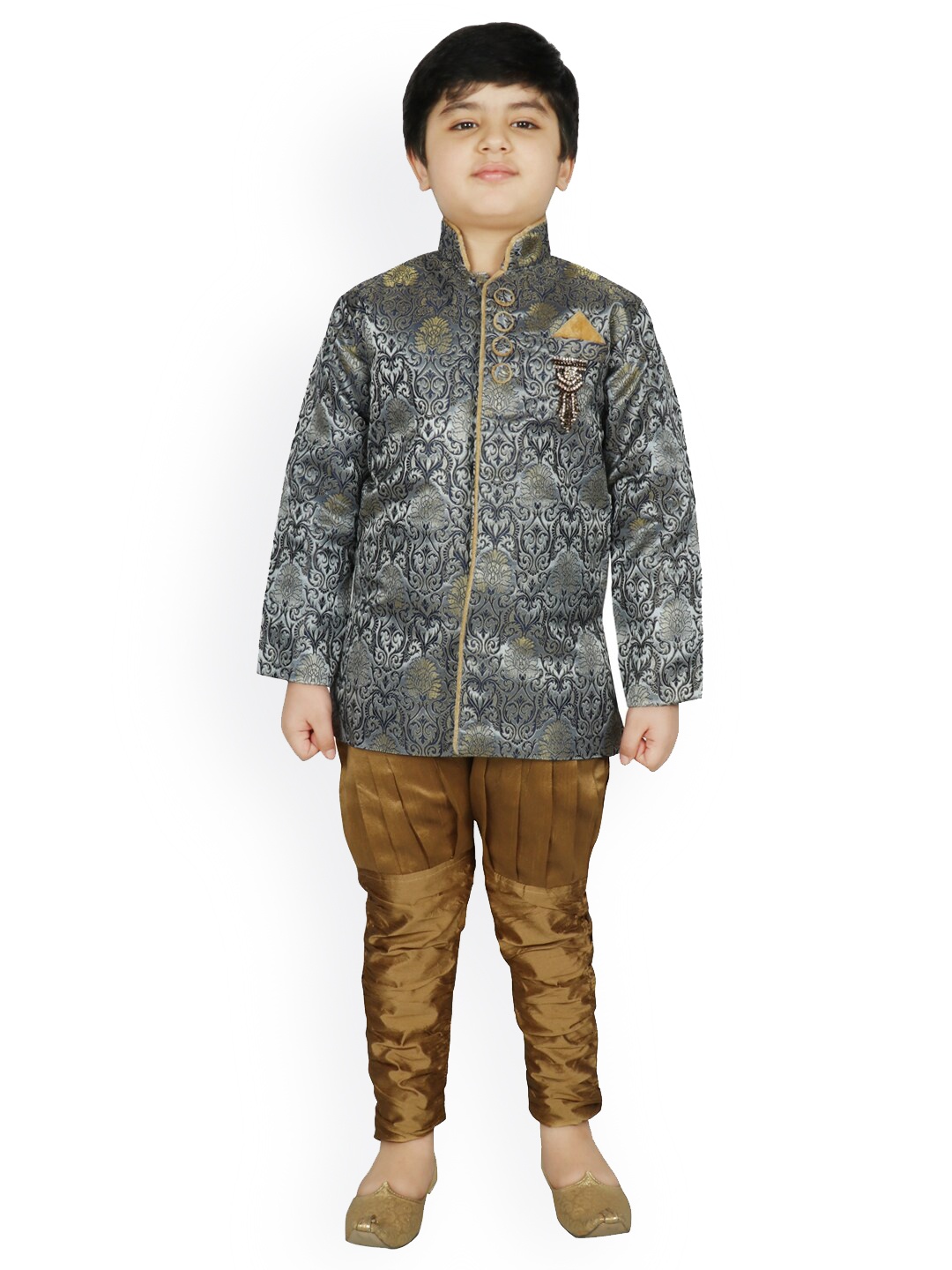 SG YUVRAJ Boys Navy Blue & Brown Raw Silk Sherwani Set