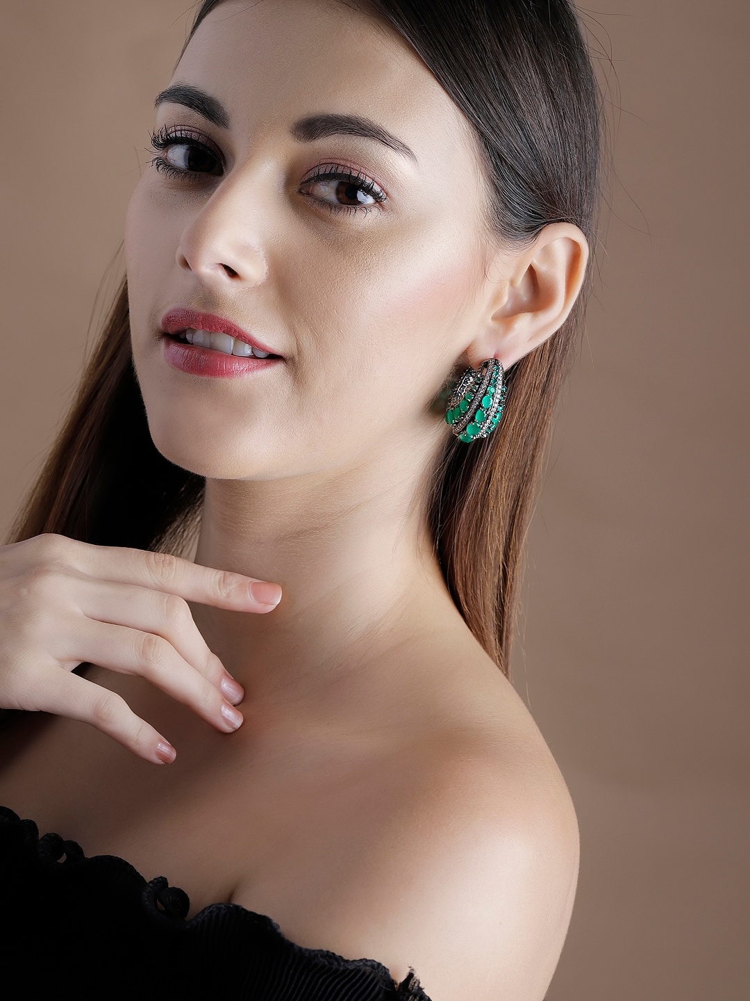 Rubans Silver-Toned & Green Circular Hoop Earrings