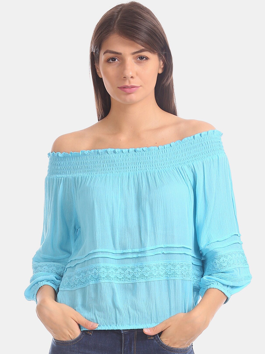 Aeropostale Women Turquoise Blue Self Design Bardot Top