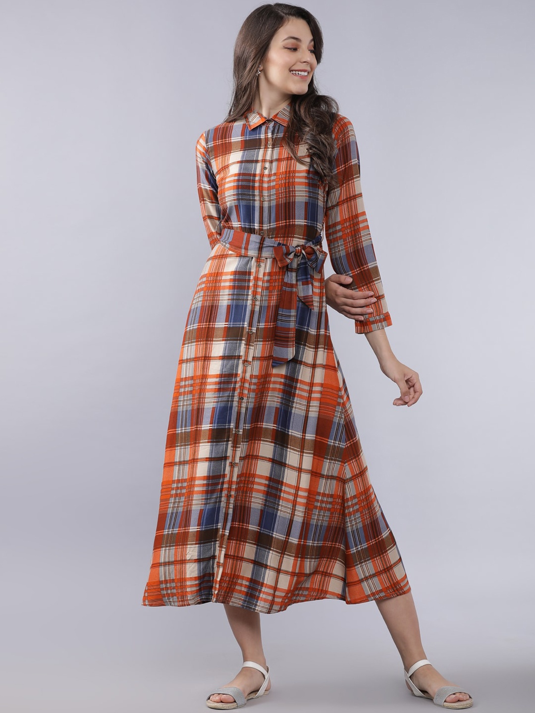 Tokyo Talkies Women Beige & Rust Red Checked Shirt Dress