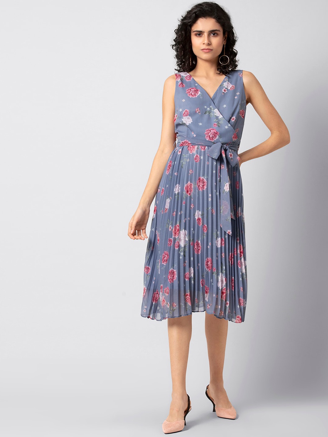 FabAlley Women Blue & Pink Floral Printed Accordion Pleated Wrap Dress