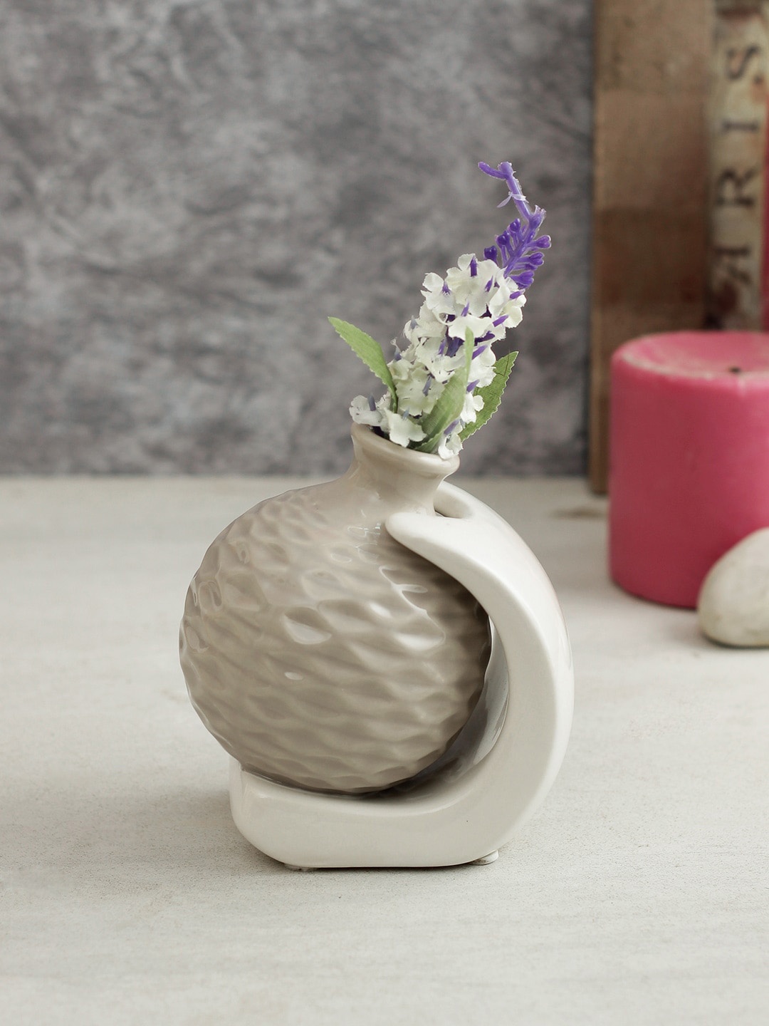 TAYHAA Beige & White Textured Round Ceramic Flower Vase
