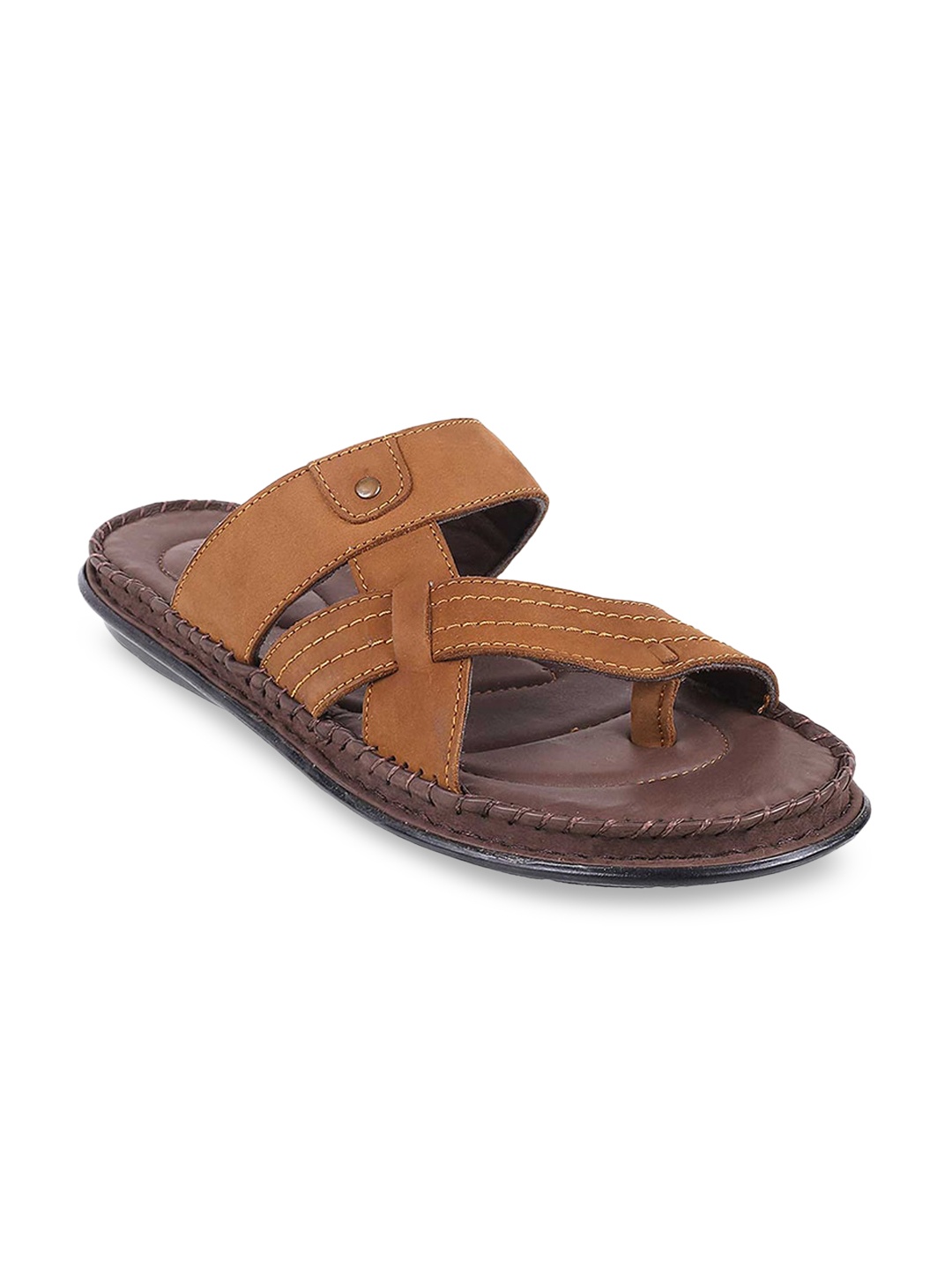 Metro Men Tan Brown Solid Leather Comfort Sandals