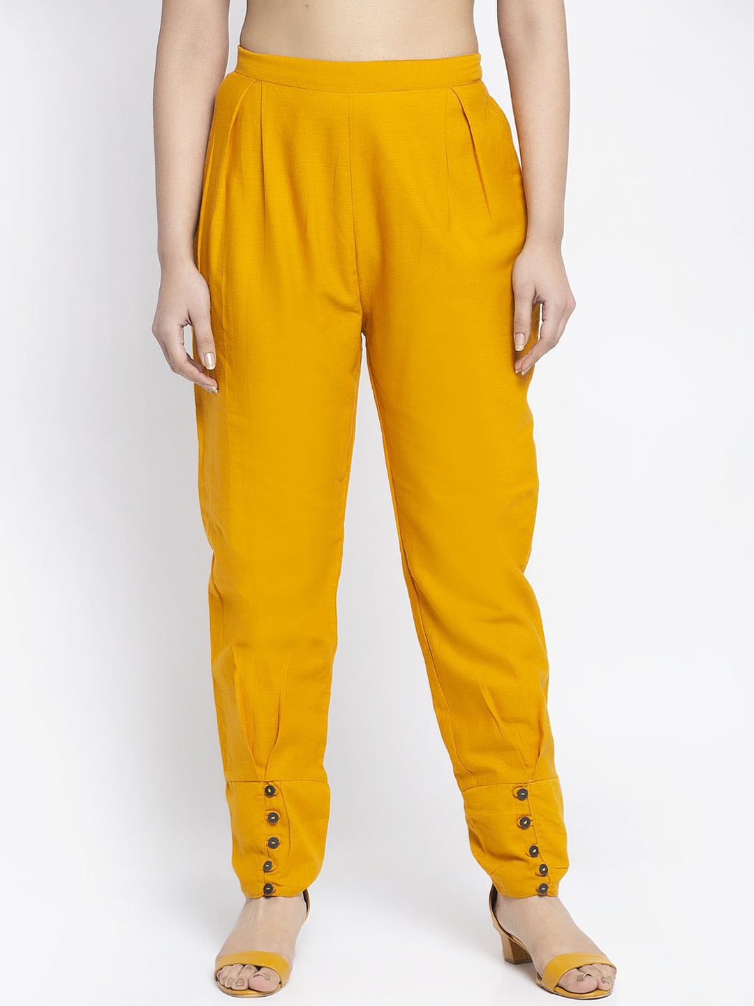 Aujjessa Women Mustard Pure Cotton Solid Regular Fit Cigarette Trousers