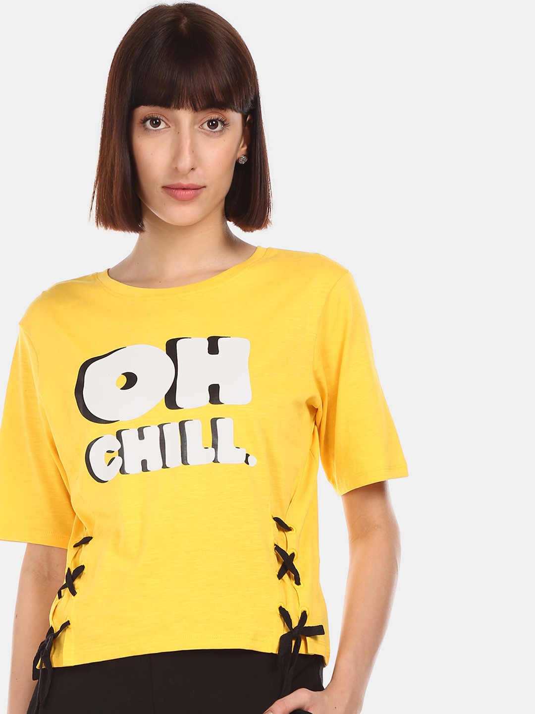 Sugr Women Mustard Yellow Off-White Pure Printed Cotton Pure Cotton T-shirt