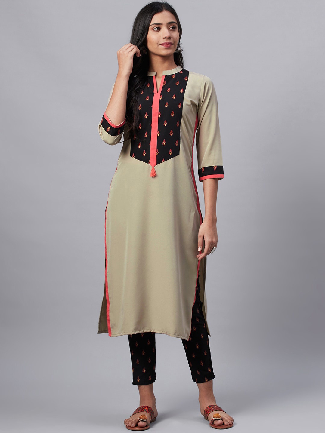 ZIYAA Women Beige Yoke Design Straight Kurta