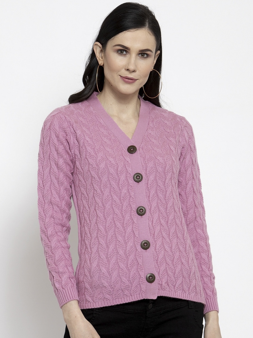 Kalt Women Purple Self-Design Cardigan Sweater