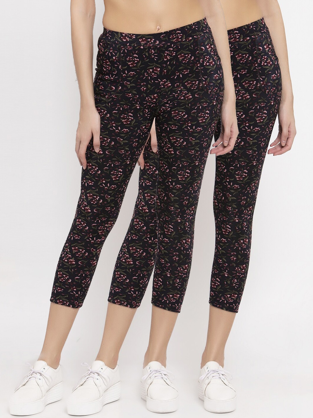 KLOTTHE Women Pack Of 2 Black & Pink Printed Skinny-Fit Winter Jeggings