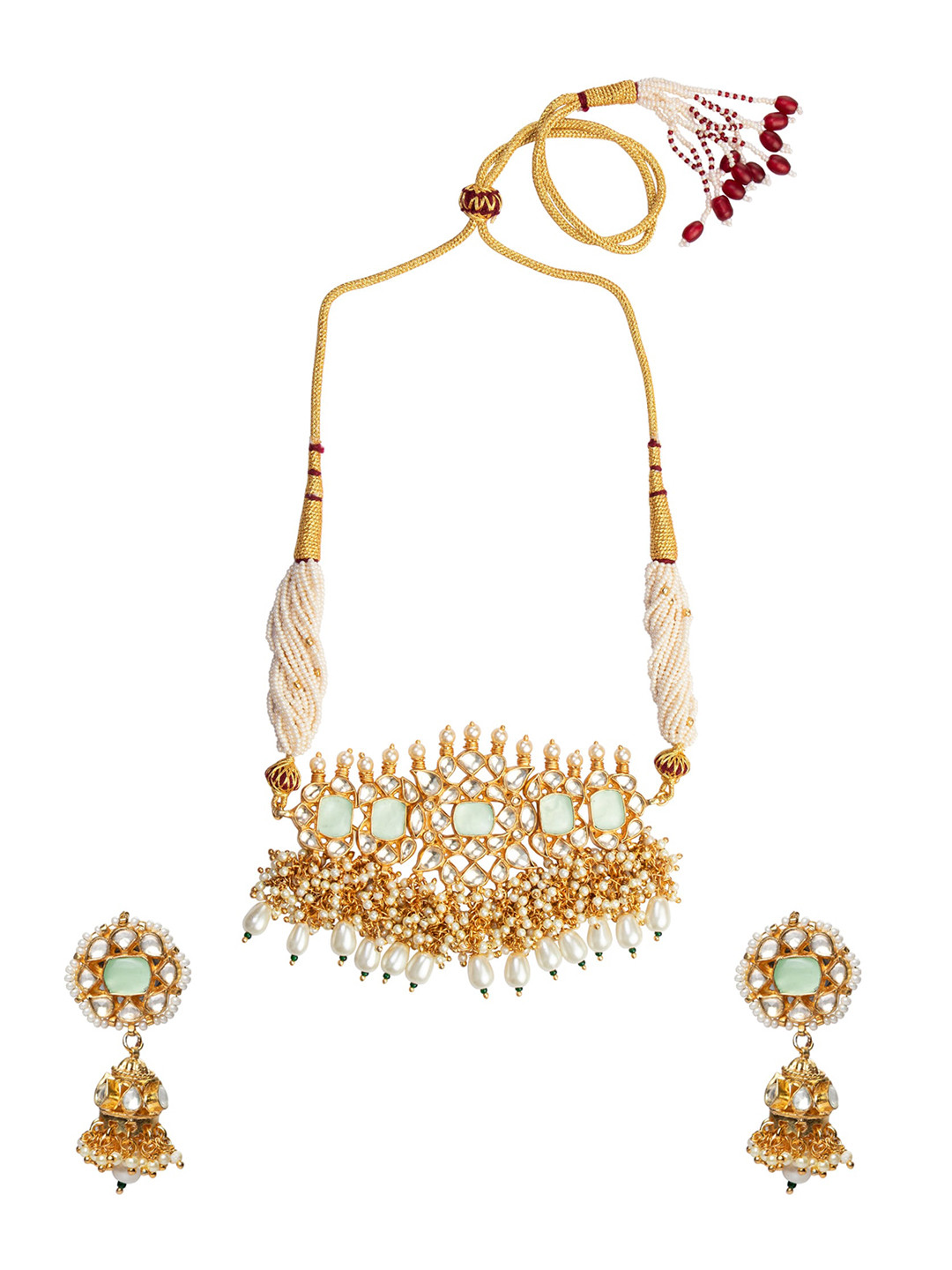 MORKANTH JEWELLERY Gold-Plated White & Green Pachi Kundan Studded Pearl Beaded Handcrafted Choker Jewellery Set
MORKANTH JEWELLERY Gold-Plated White & Green Pachi Kundan Studded Pearl Beaded Handcrafted Choker Jewellery Set