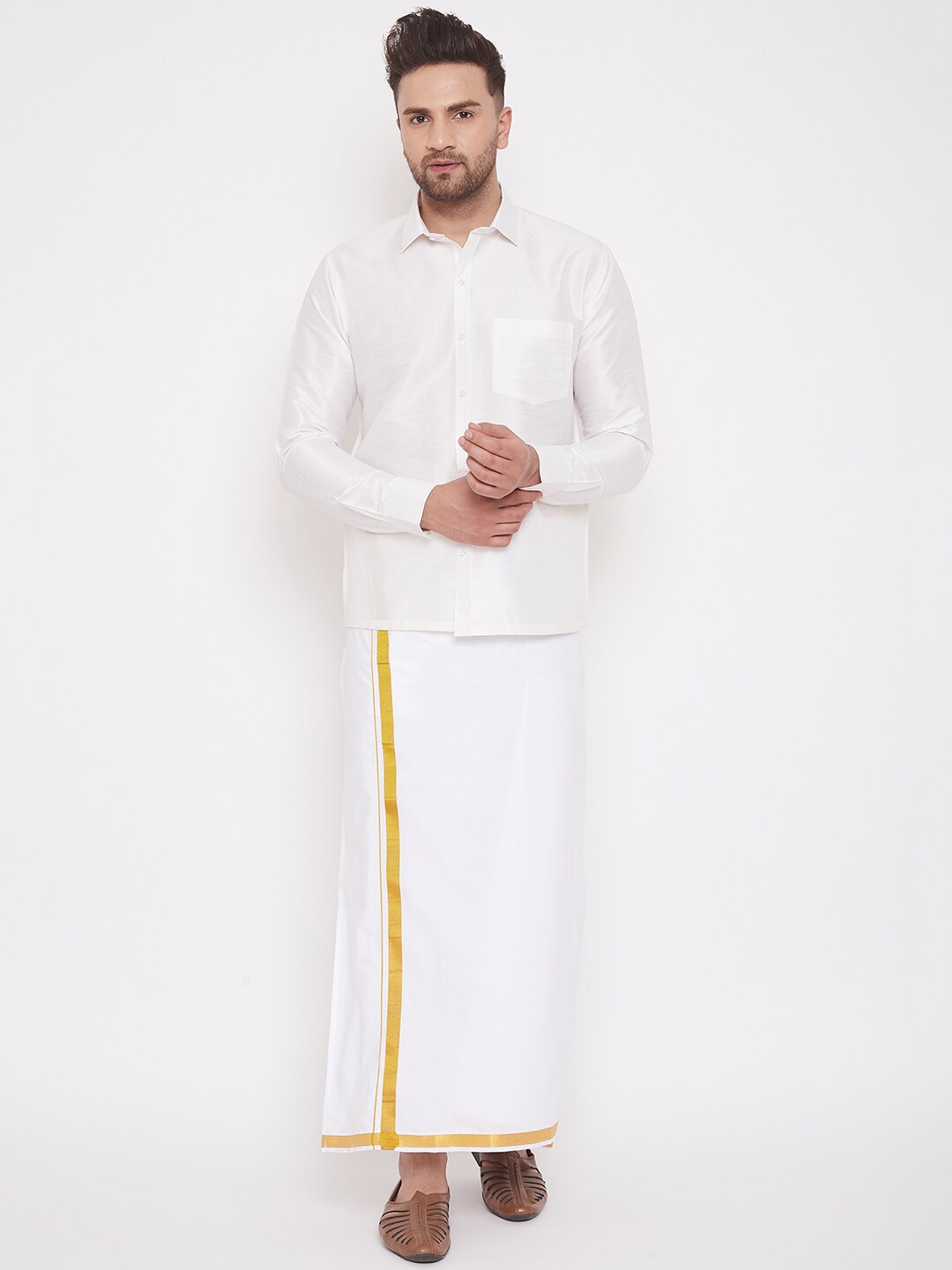 VASTRAMAY Men White Solid Relaxed-Fit South Indian Style Shirt & Mundu Set