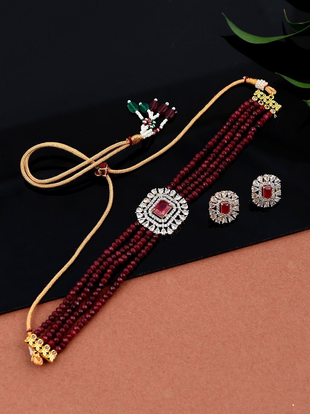 Silvermerc Designs Gold-Plated Maroon & White CZ-Studded Beaded Handcrafted Jewellery Set
Silvermerc Designs Gold-Plated Maroon & White CZ-Studded Beaded Handcrafted Jewellery Set