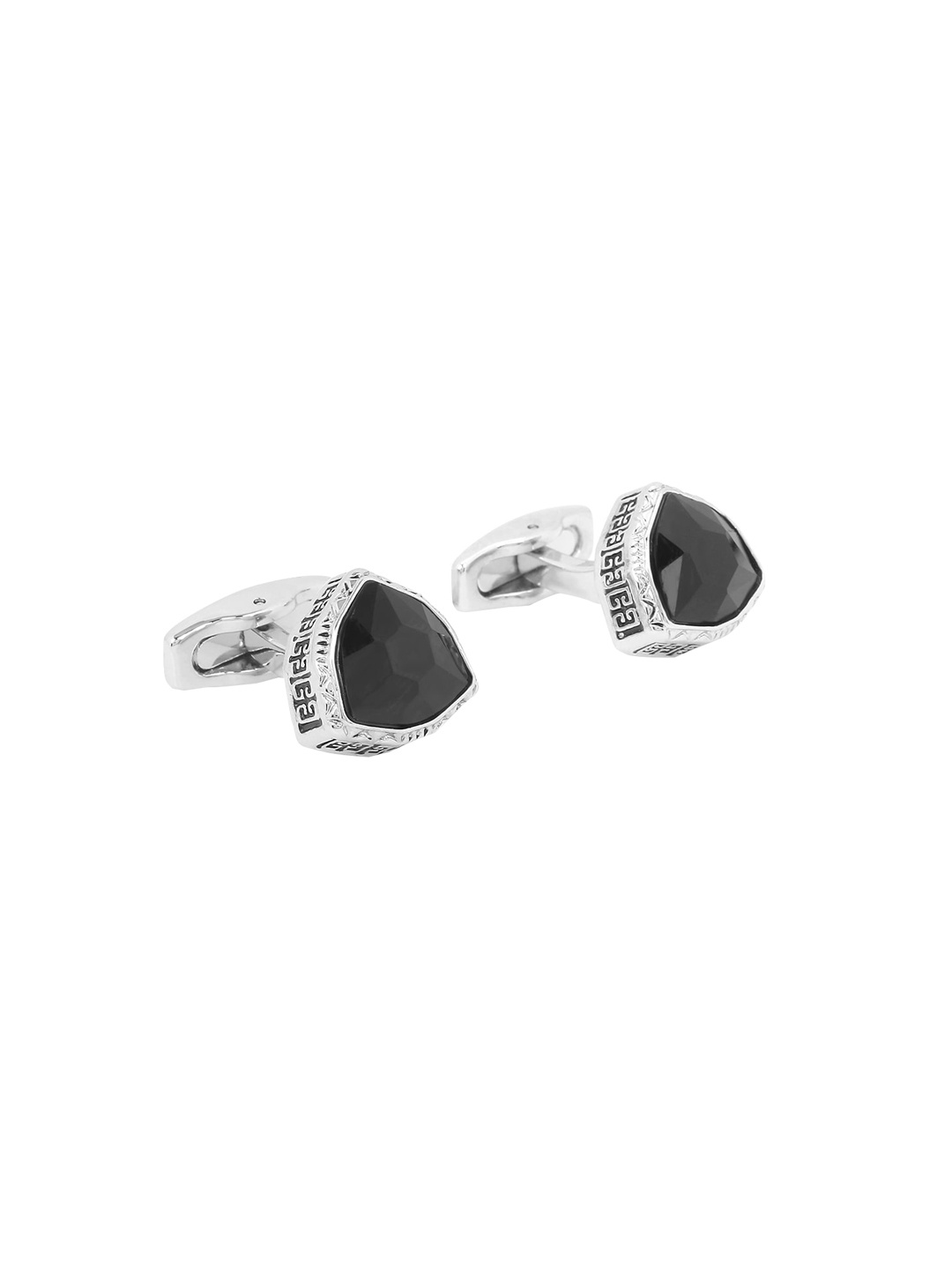 Yellow Chimes Men Black & Silver-Toned Crystals Studded Geometric Shaped Cufflinks