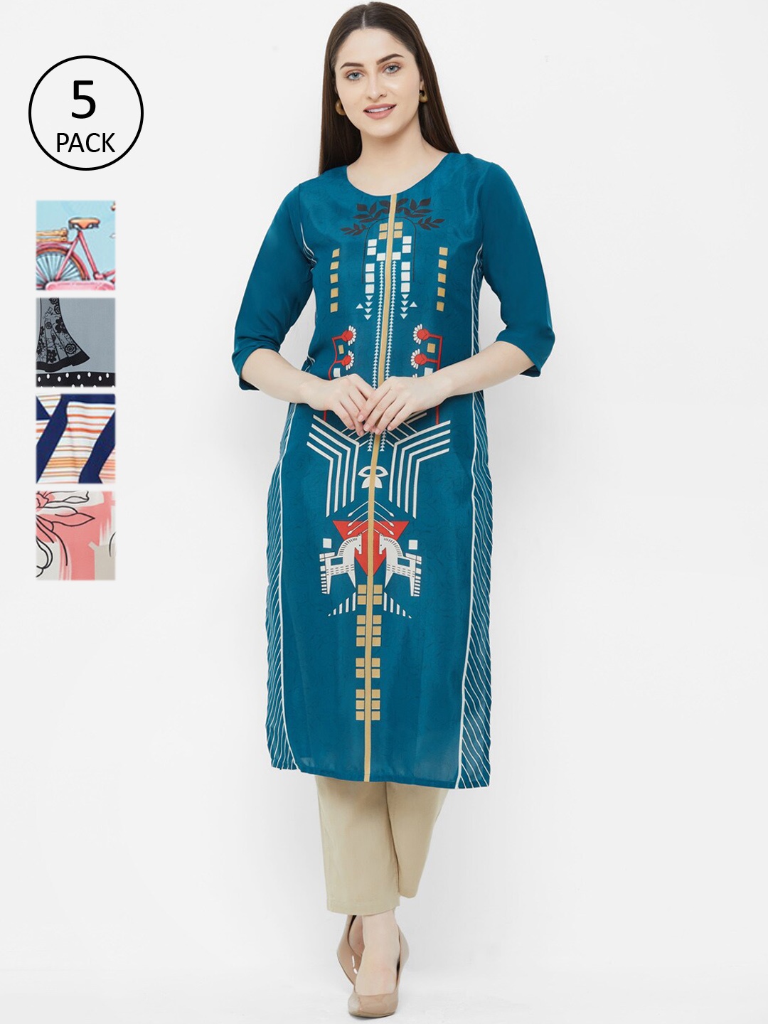 7Threads Women Pack Of 5 Printed Straight Kurta, Multi