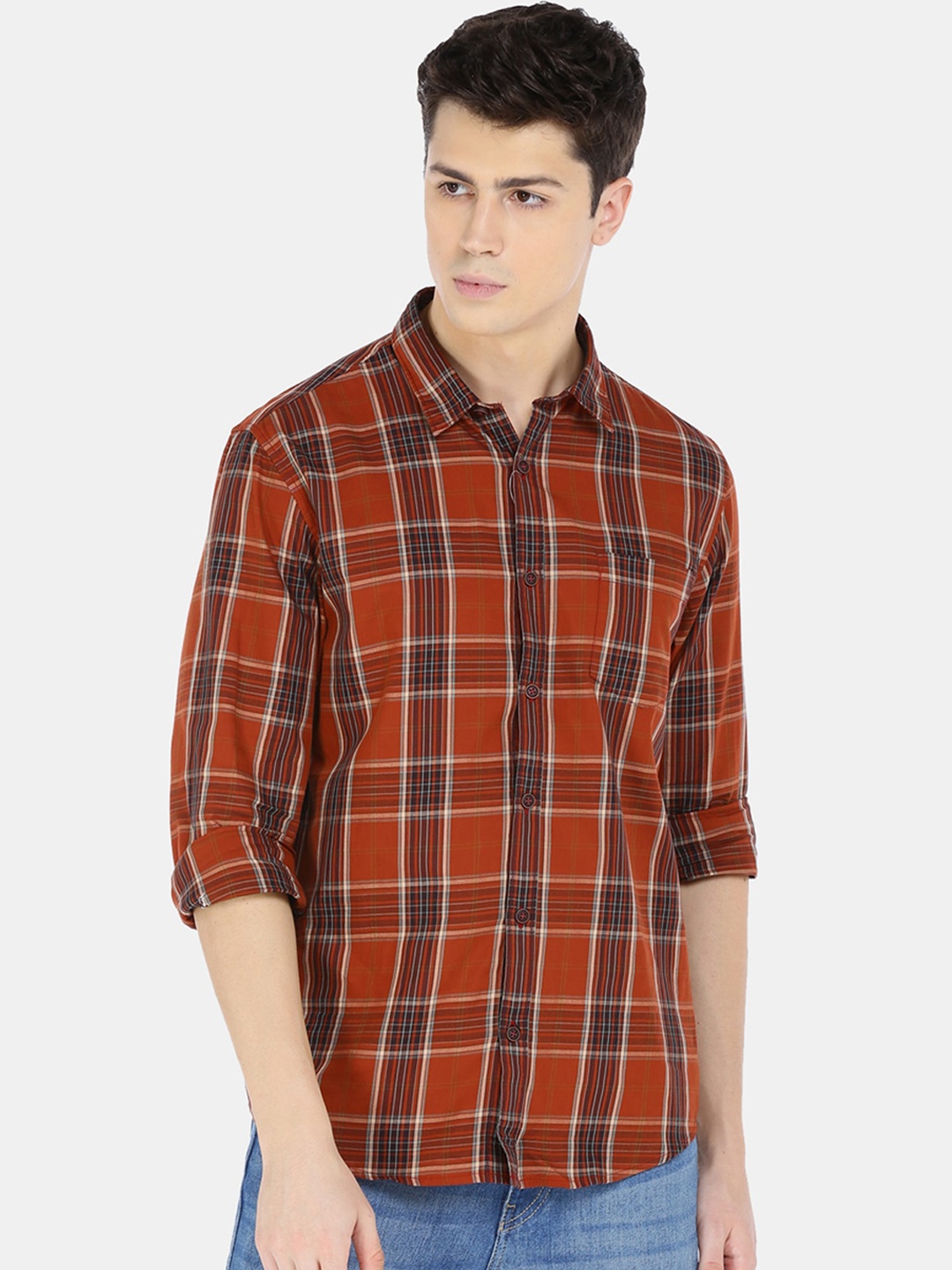 Ruggers Men Rust Orange Regular Fit Checked Casual Shirt
