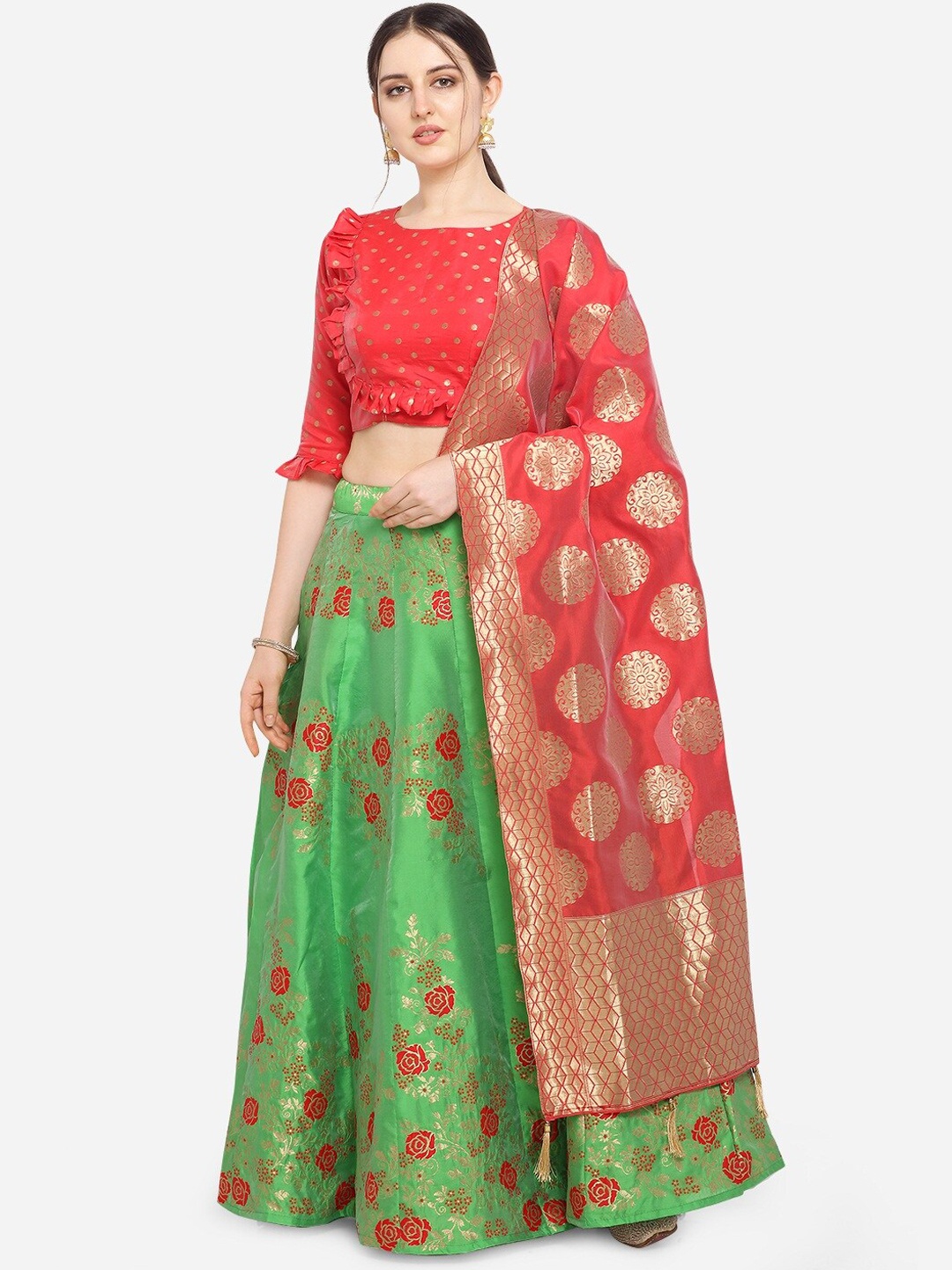 PURVAJA Women Green & Red Printed Semi-Stitched Lehenga & Unstitched Blouse with Dupatta
PURVAJA Women Green & Red Printed Semi-Stitched Lehenga & Unstitched Blouse with Dupatta