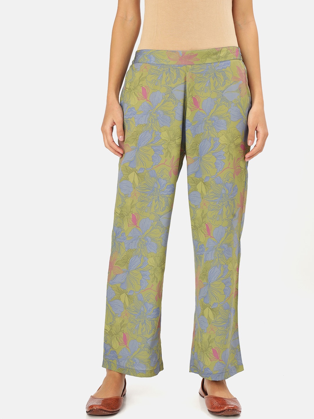 Saaki Women Green & Blue Floral-Printed Straight Palazzos