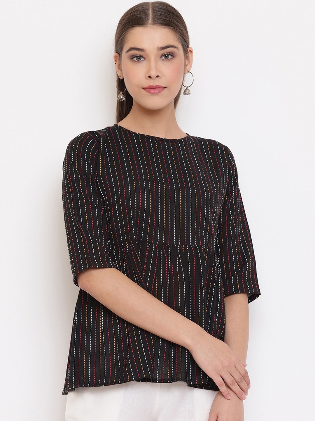 Janasya Women Black Striped Empire Pure Cotton Top