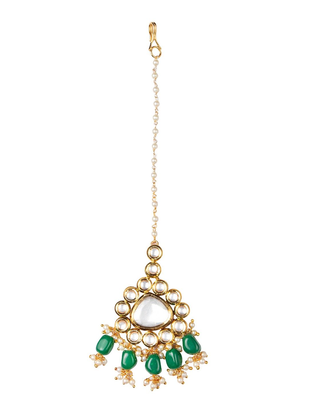 MORKANTH JEWELLERY 24K Gold-Plated & Green Kundan Stone Studded & Beaded Handcrafted Maang Tikka
MORKANTH JEWELLERY 24K Gold-Plated & Green Kundan Stone Studded & Beaded Handcrafted Maang Tikka
