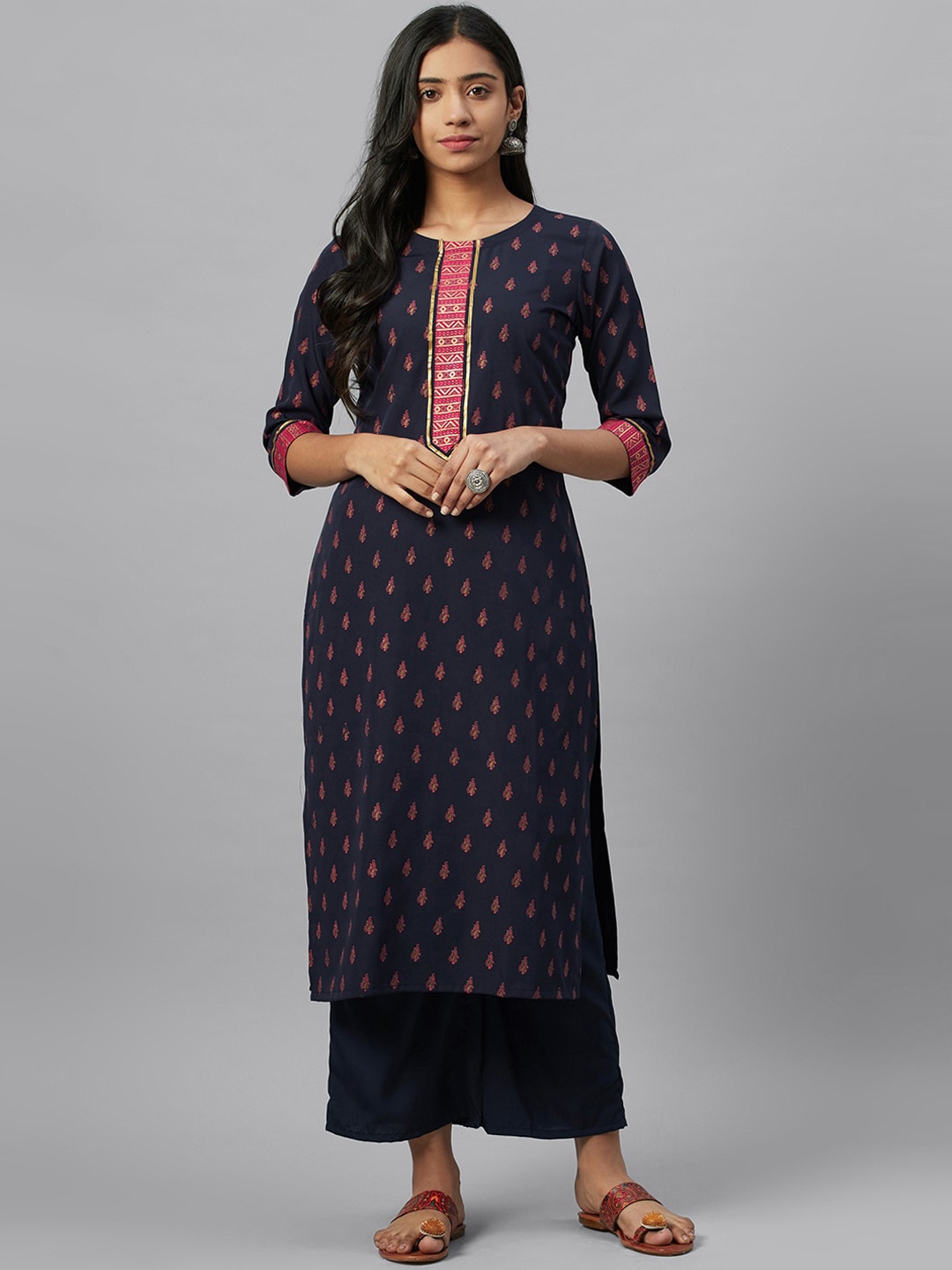 ZIYAA Women Navy Blue Printed Straight Kurta