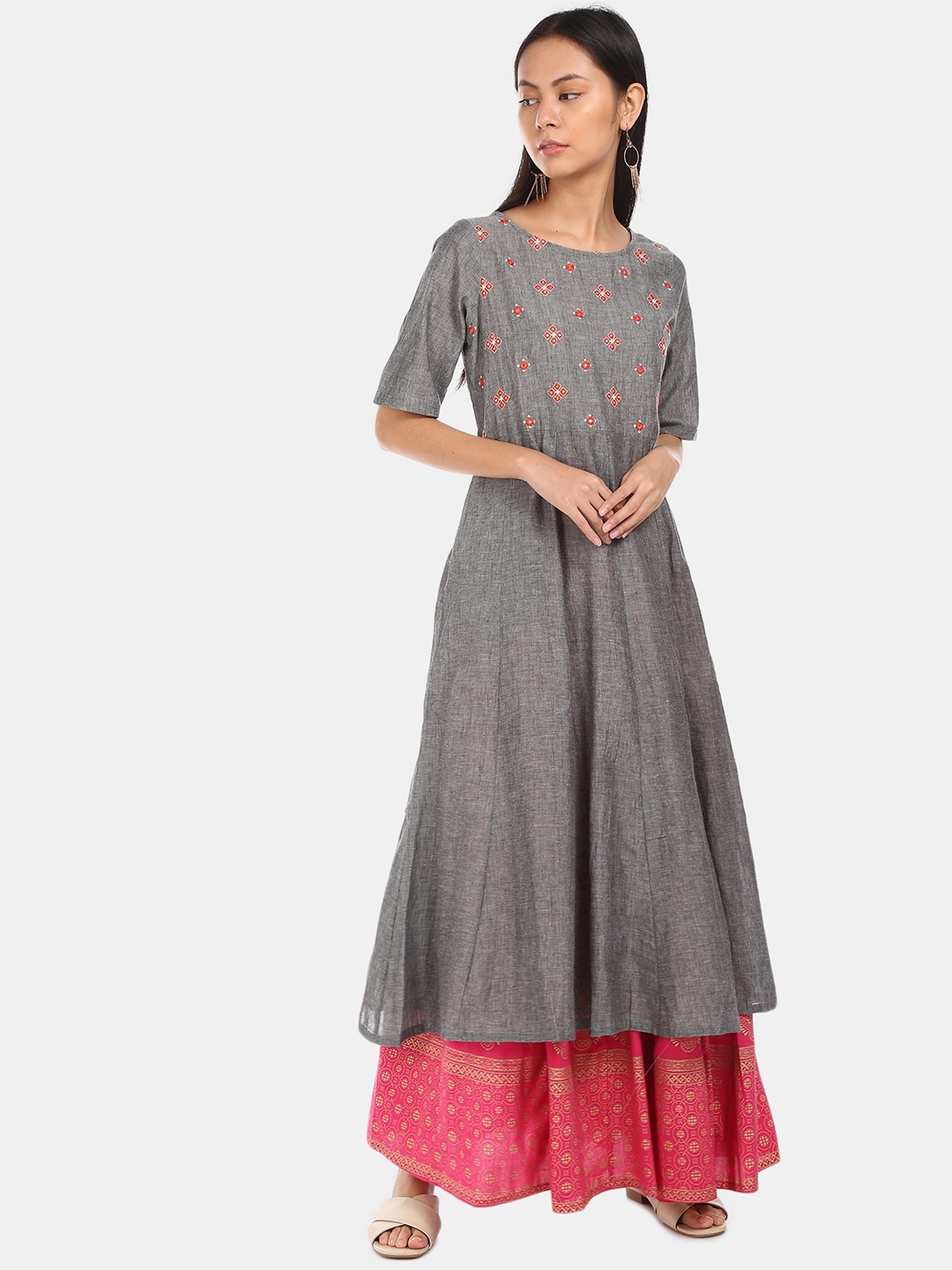 Karigari Women Grey Yoke Design A-Line Kurta