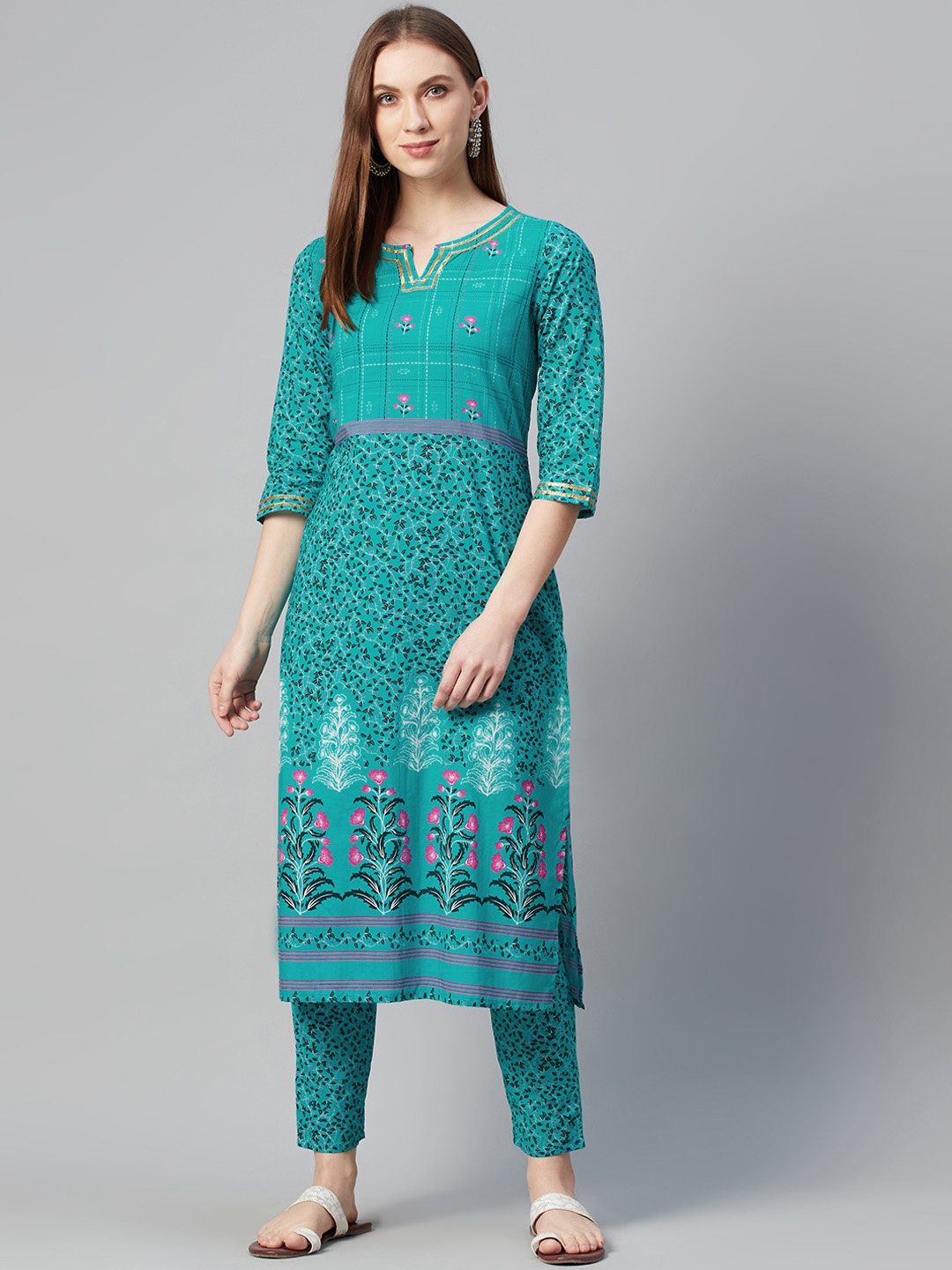 ZIYAA Women Teal Printed Straight Kurta