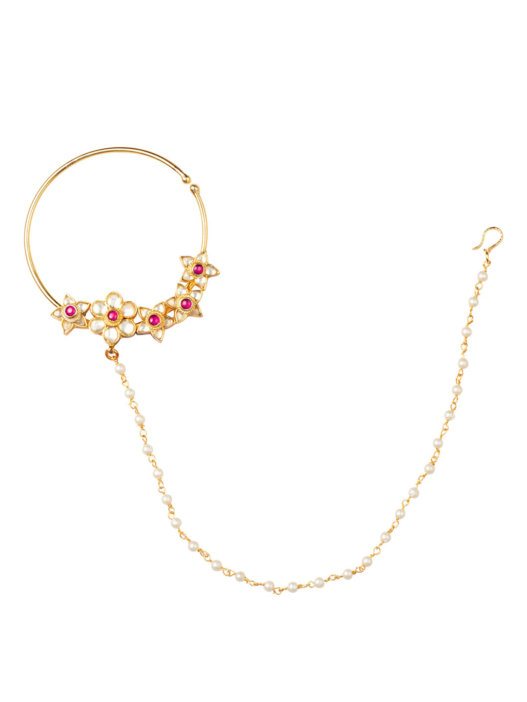 MORKANTH JEWELLERY 24K Gold-Plated Pink & White Pacchi Kundan Studded Pearl Beaded Chain Nose Ring
MORKANTH JEWELLERY 24K Gold-Plated Pink & White Pacchi Kundan Studded Pearl Beaded Chain Nose Ring