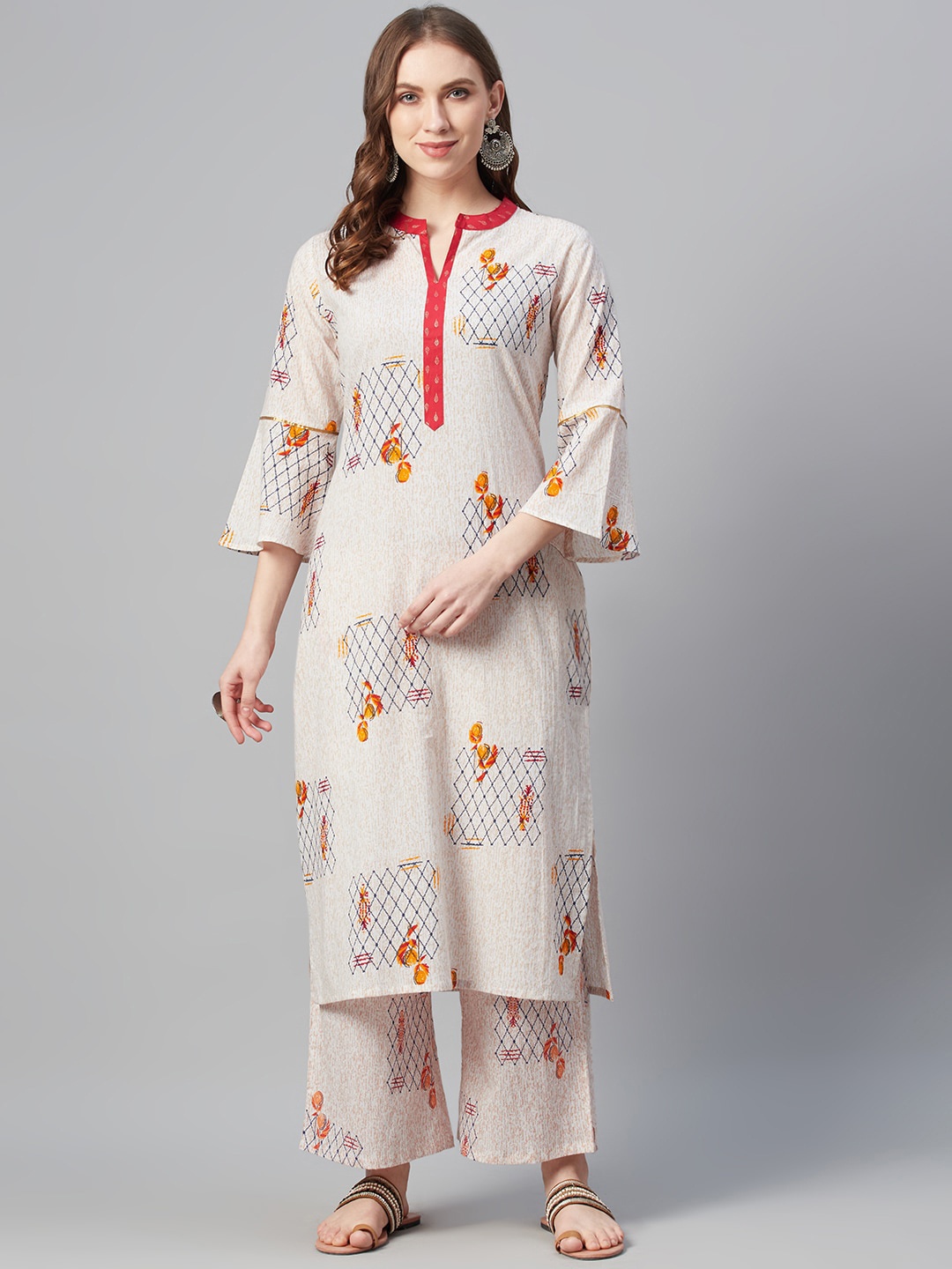 ZIYAA Women Cream-Coloured Printed Straight Cotton Kurta
