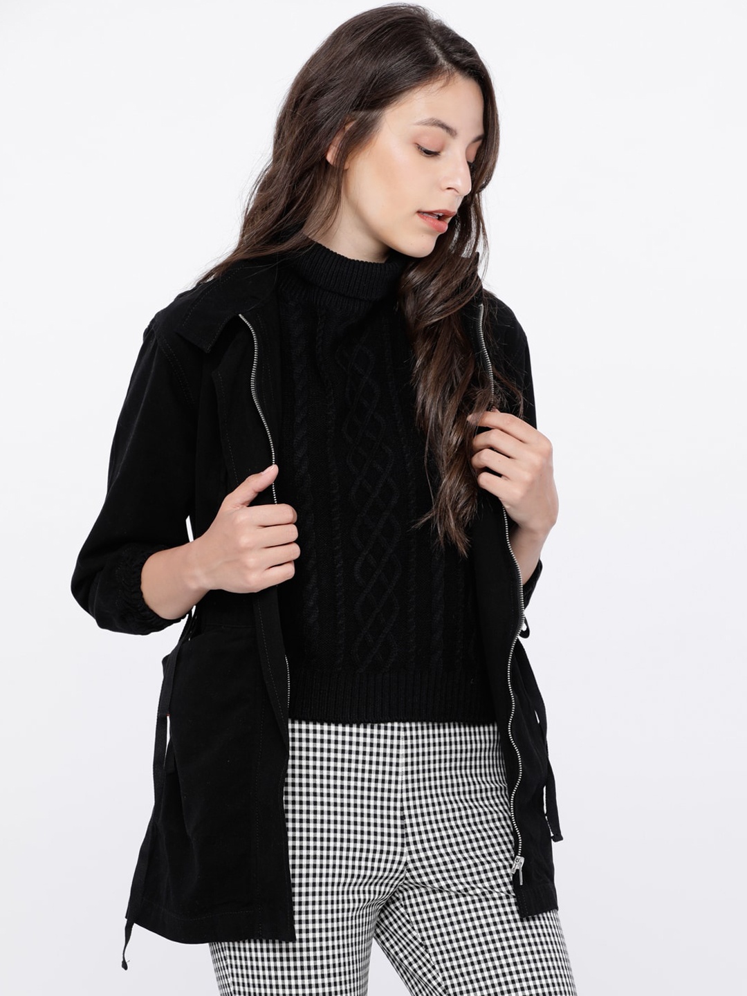 Tokyo Talkies Women Black Striped Tailored Jacket
