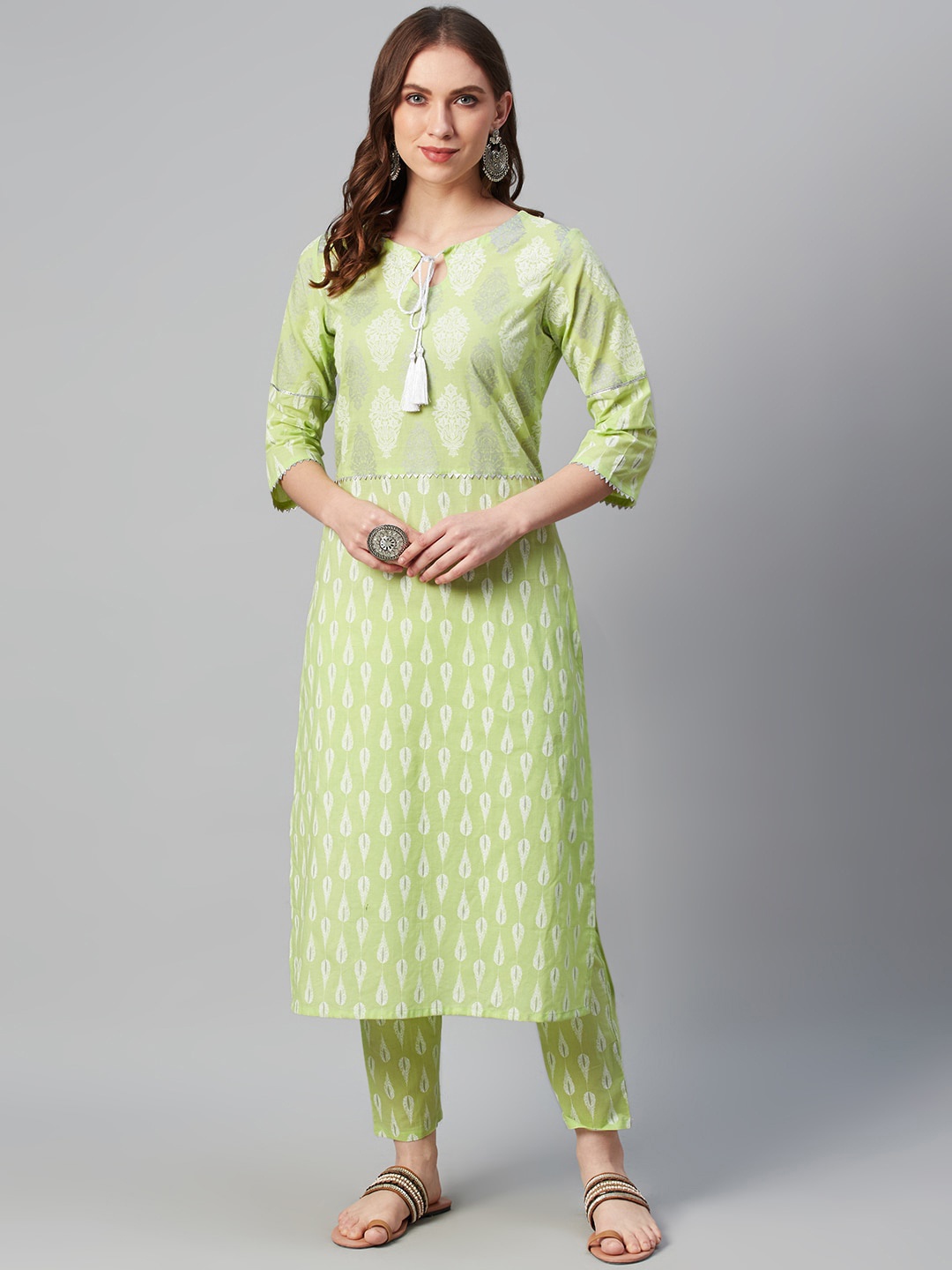ZIYAA Women Green Printed Straight Cotton Kurta