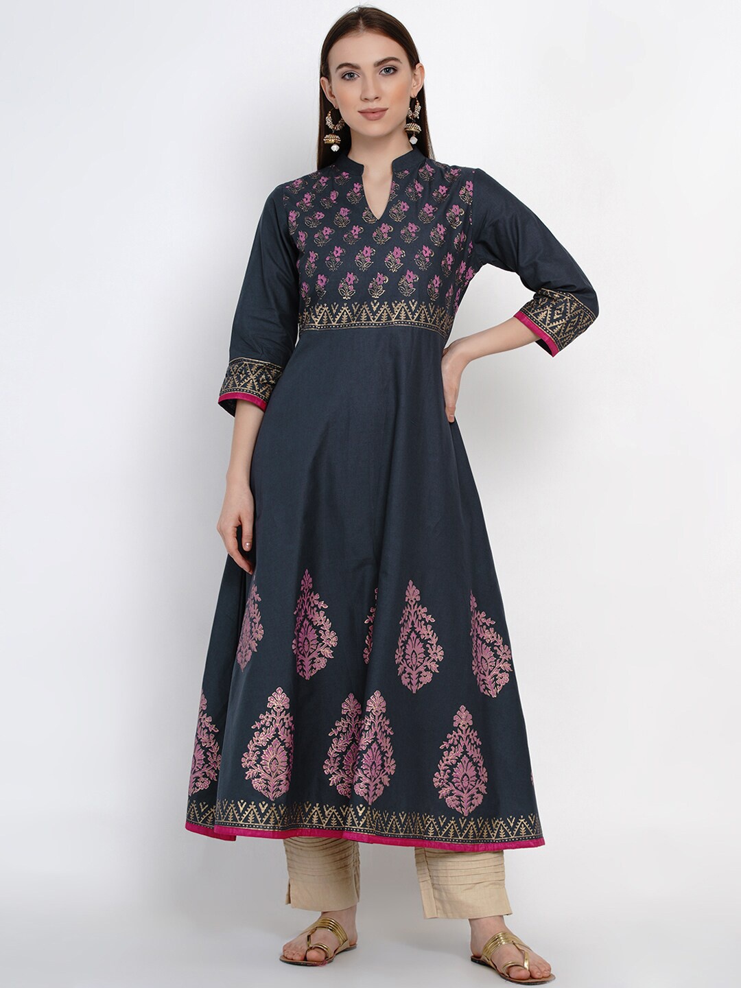 Akshatani Women Charcoal Yoke Design Anarkali Kurta