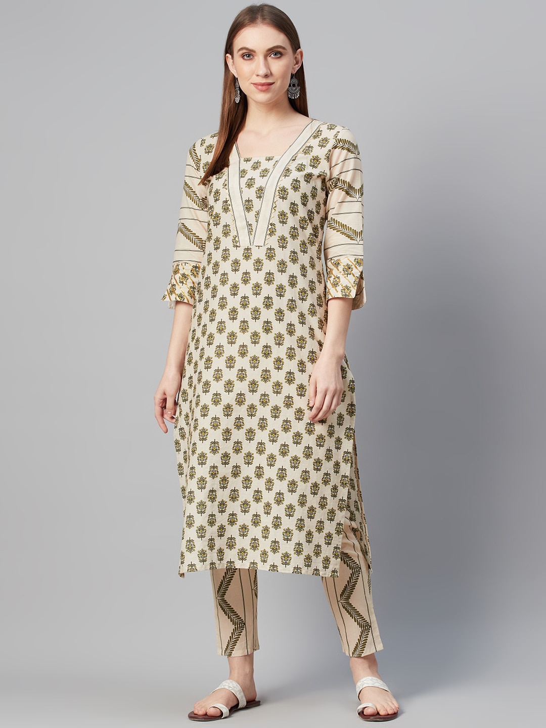 ZIYAA Women Beige Printed Straight Cotton Kurta