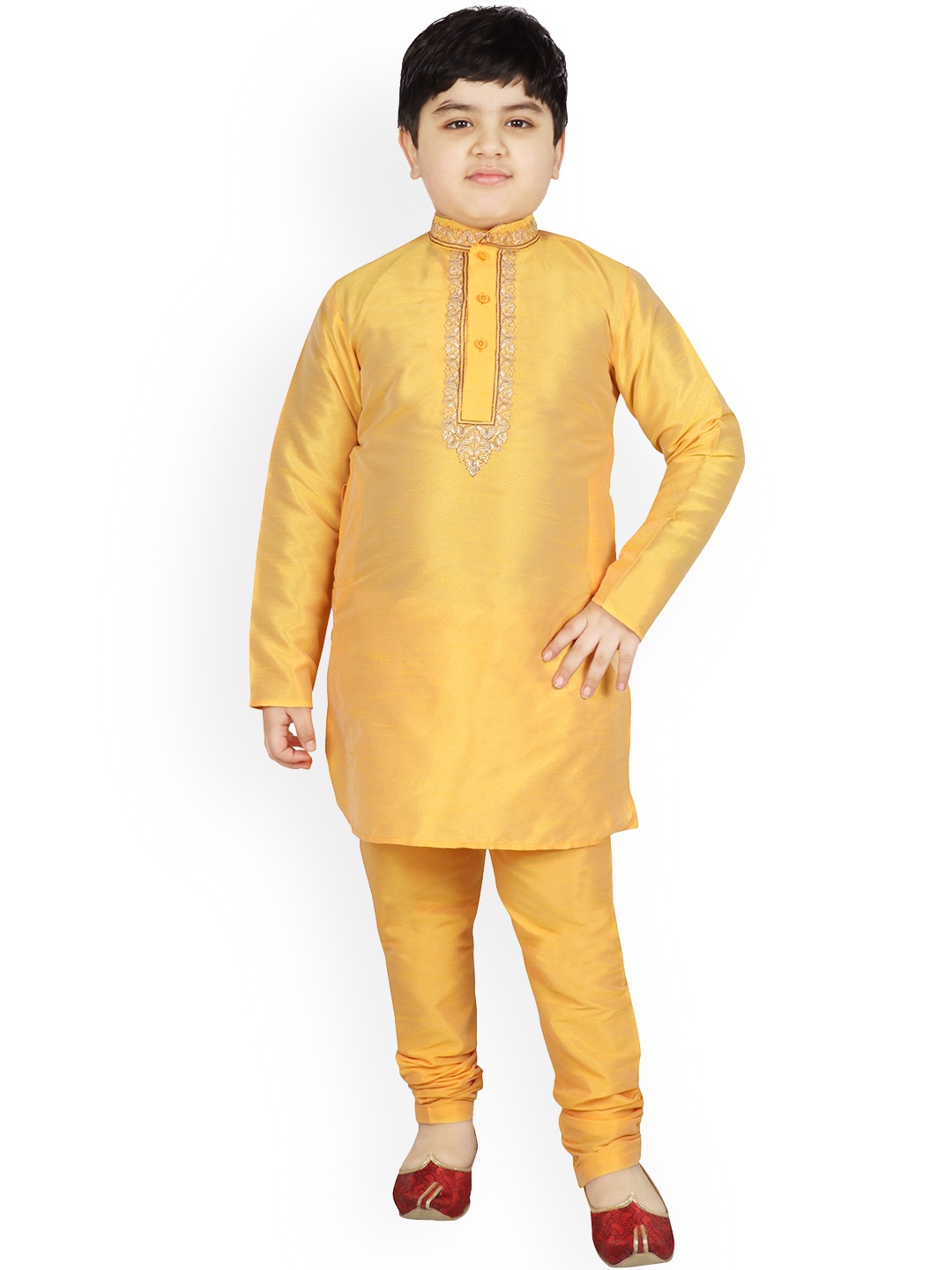 SG YUVRAJ Boys Yellow Solid Silk Kurta with Pyjamas