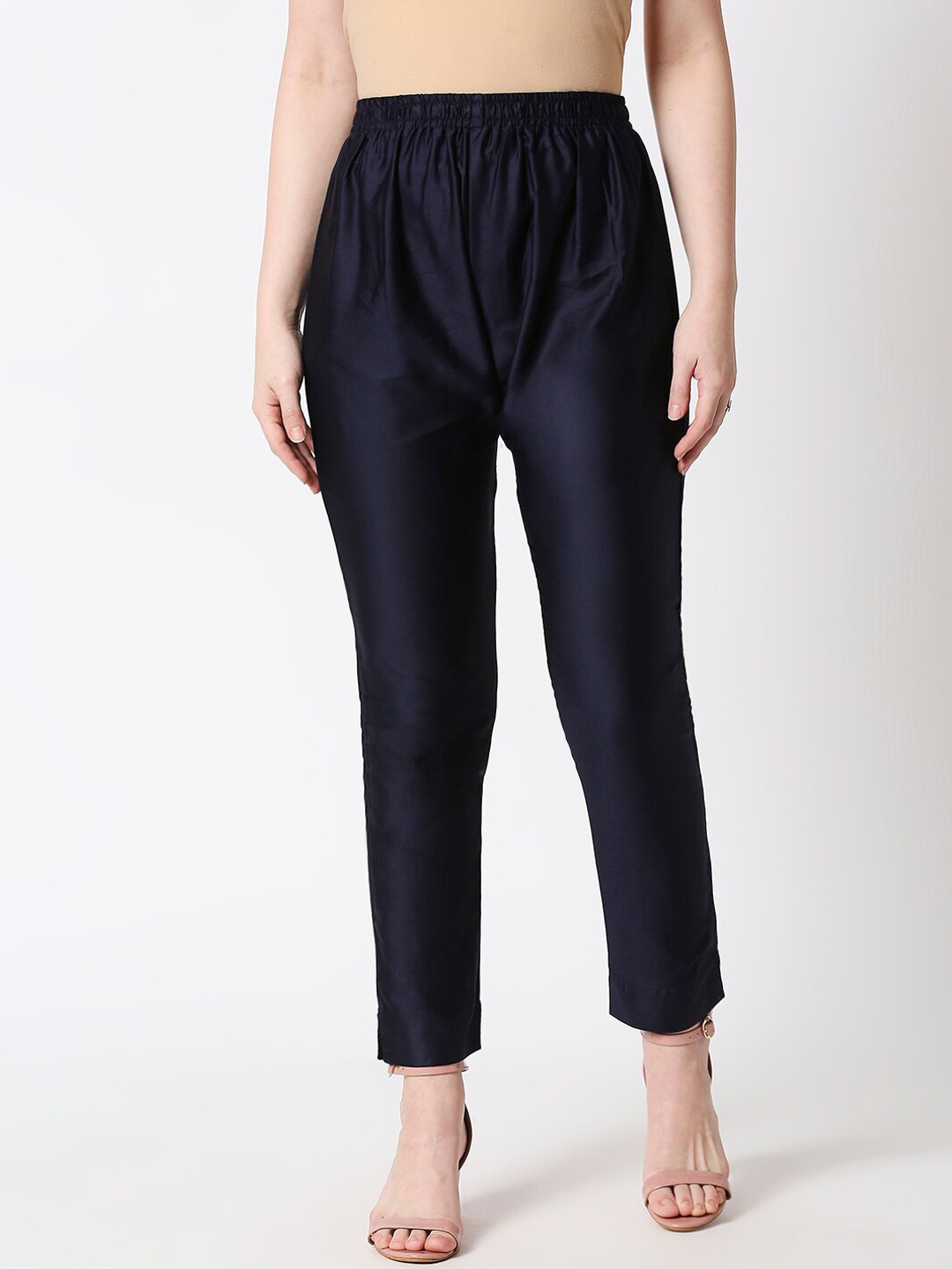 ZRI Women Navy Blue Regular Fit Solid Cigarette Trousers