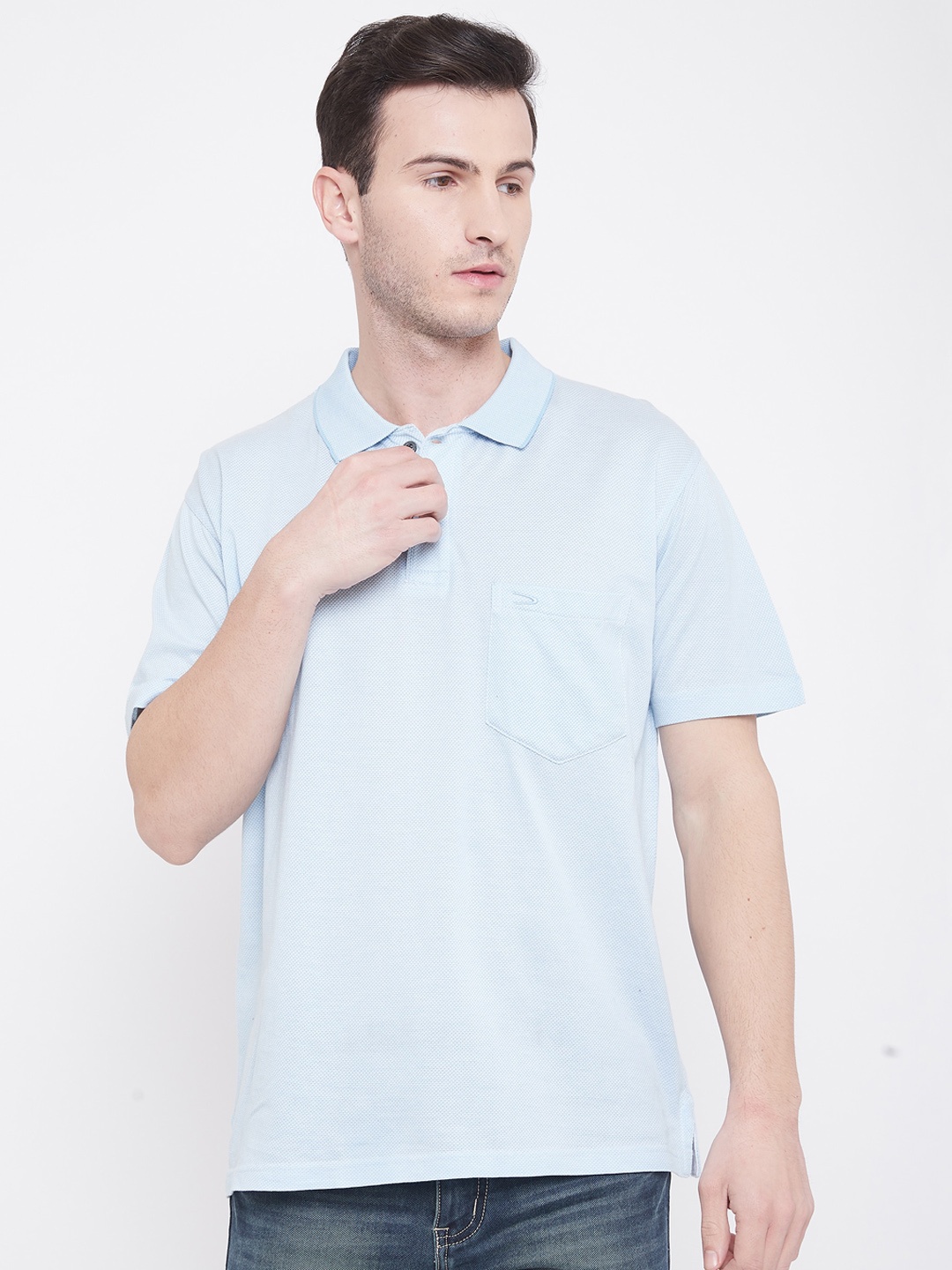 Duke Men Blue Solid Polo Collar Cotton T-shirt