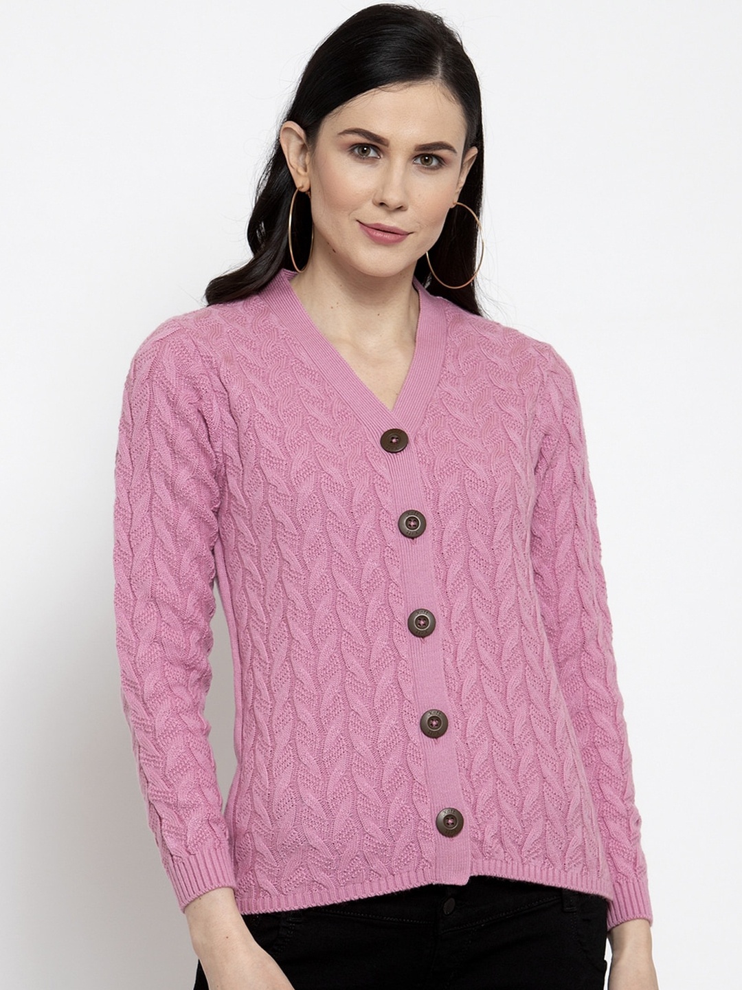 Kalt Women Pink Self Design Cardigan Sweater