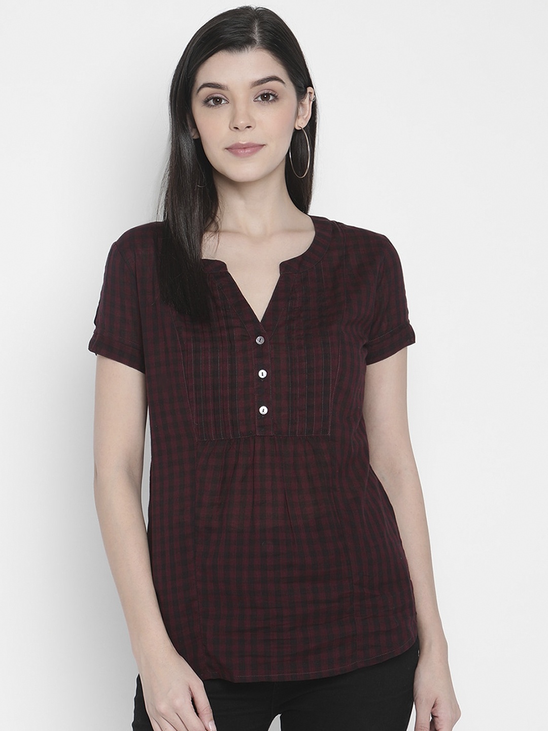 Porsorte Women Maroon & Black Checked Top