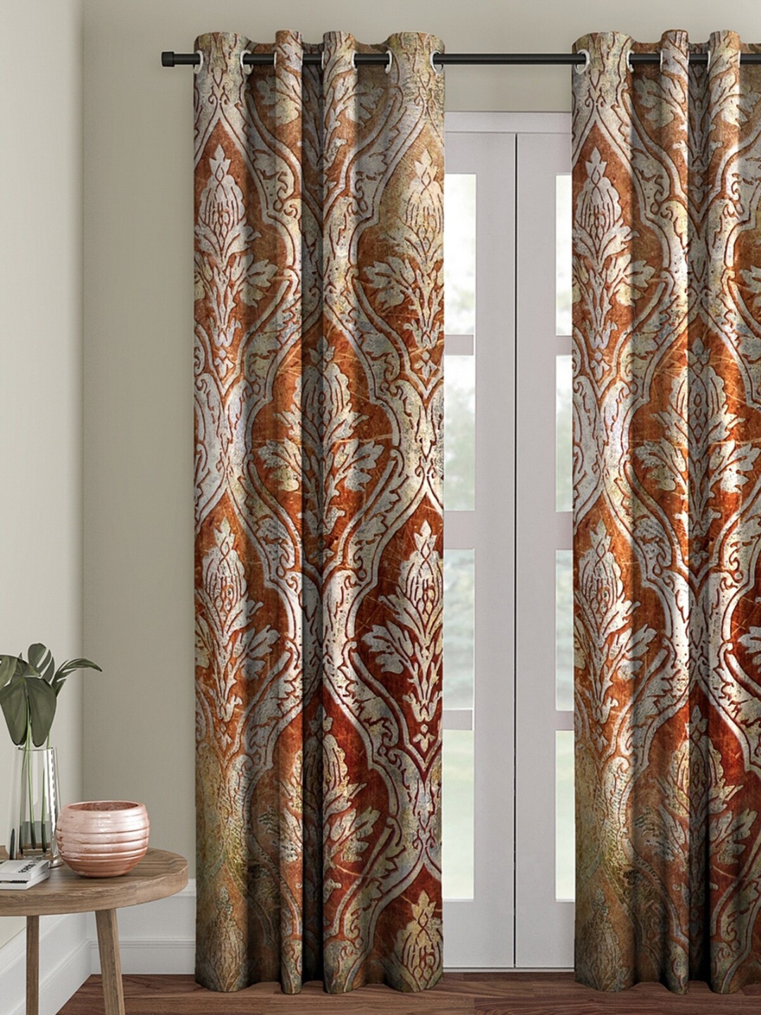ROMEE Rust Brown & Beige Ethnic Motifs Velvet Finish Room Darkening Door Curtain