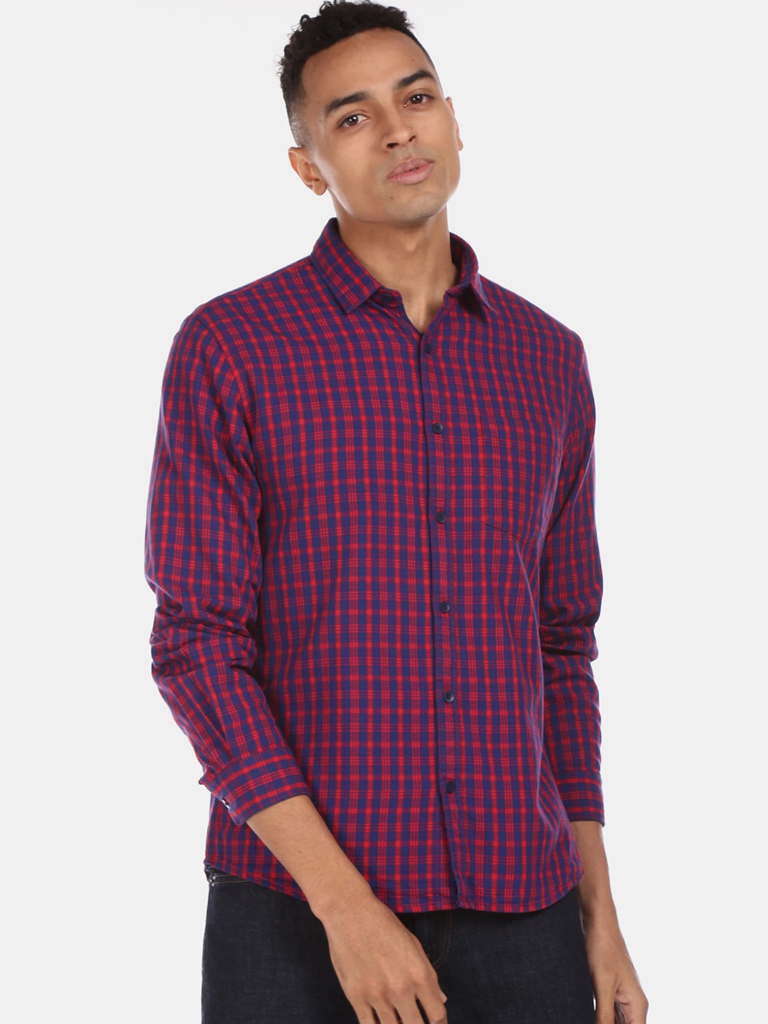 Ruggers Men Navy Blue Regular Fit Checked Casual Shirt