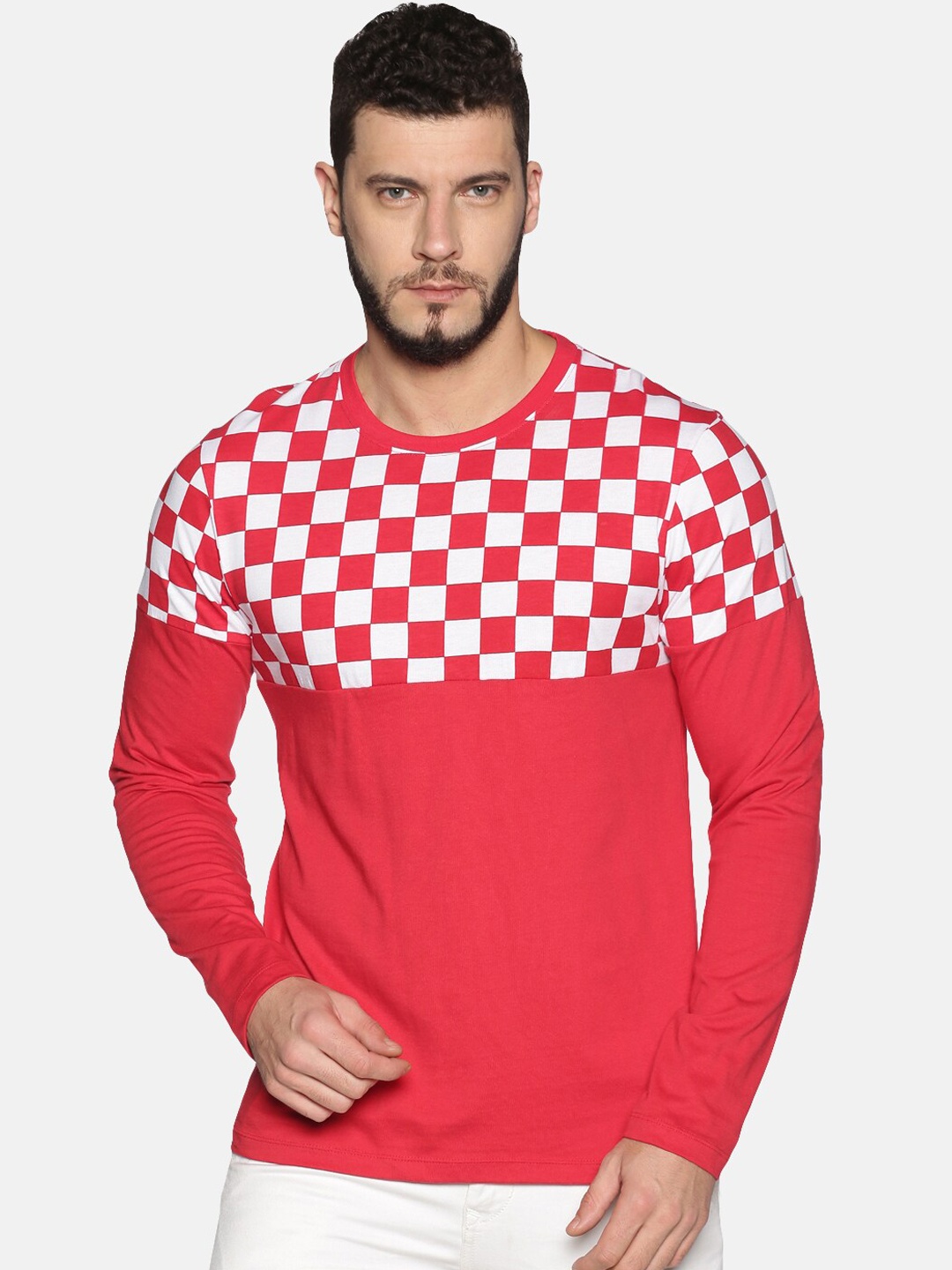 UrGear Men Red White Checked Round Neck Pure Cotton T-shirt