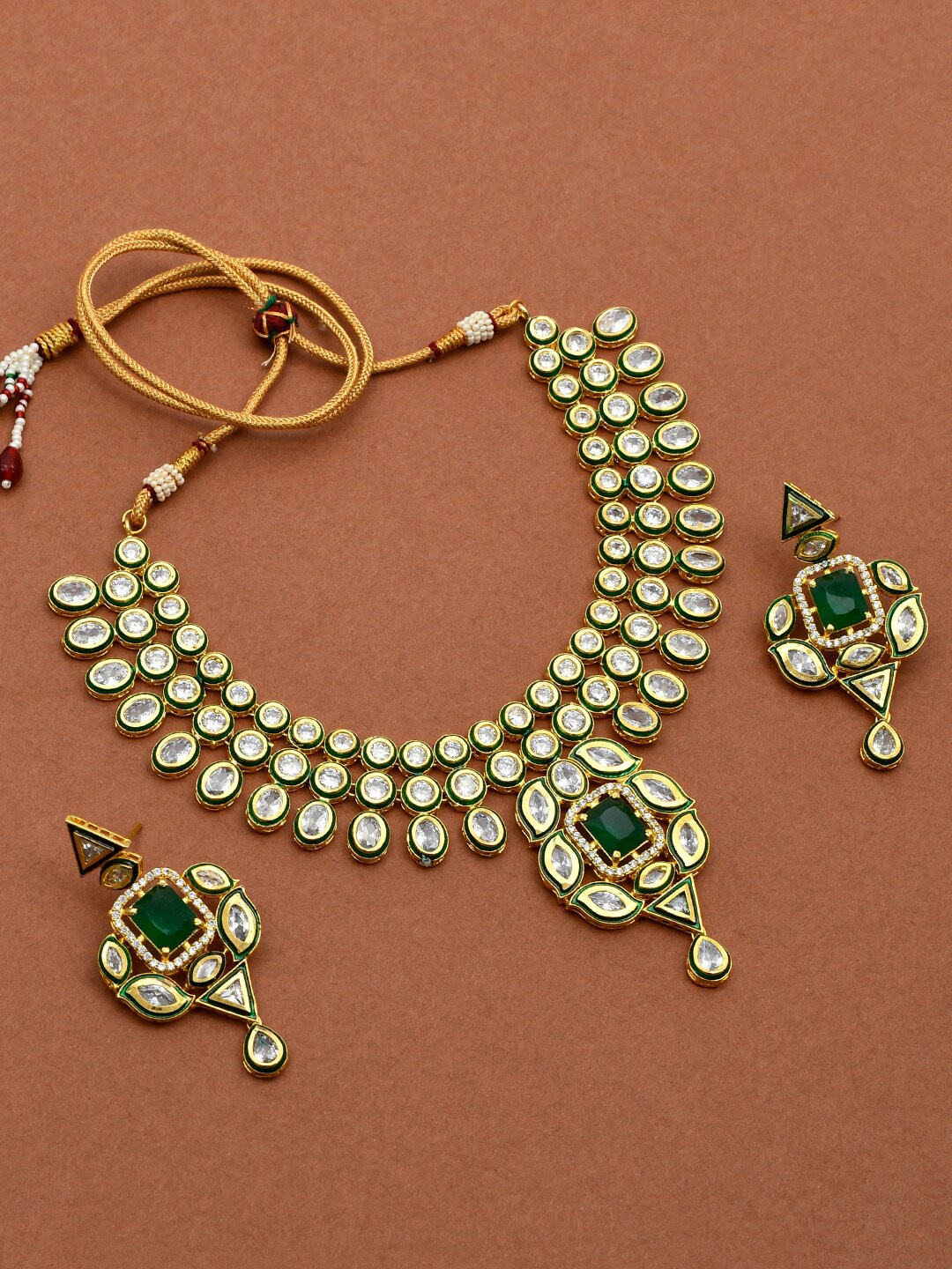 Silvermerc Designs Gold-Plated White & Green Kundan & American Diamond Studded Jewellery Set