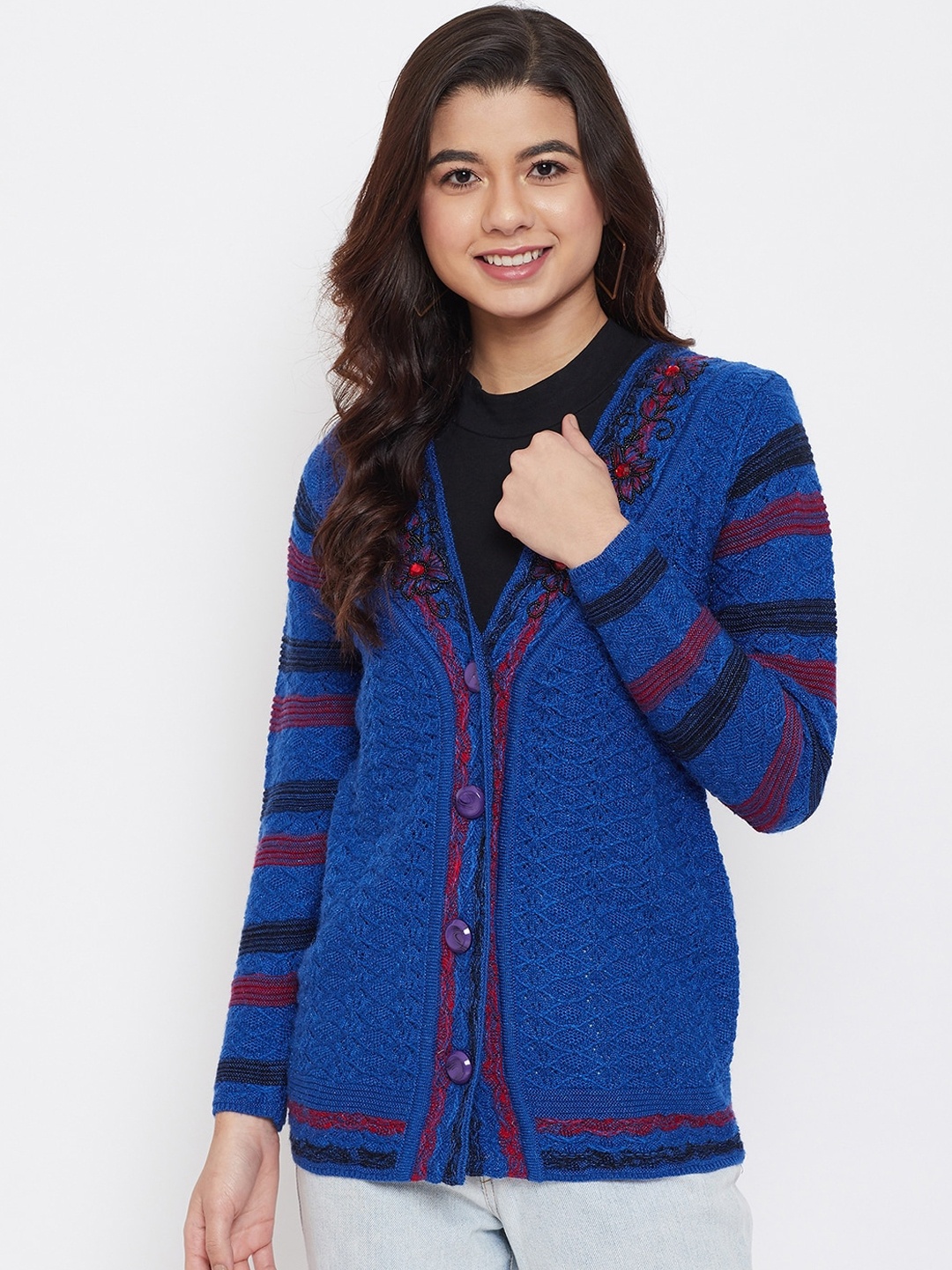 Zigo Women Blue & Black Self-Design Cardigan Sweater