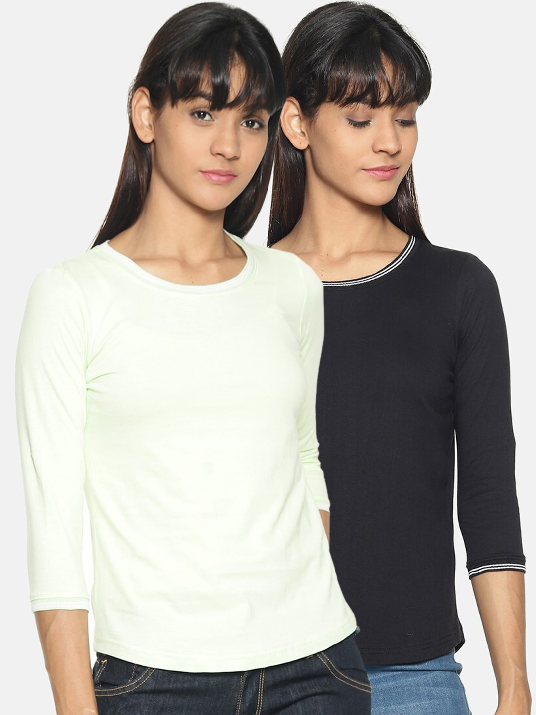 Kryptic Women Set of 2 Solid Round Neck Pure Cotton T-shirts, Lime green