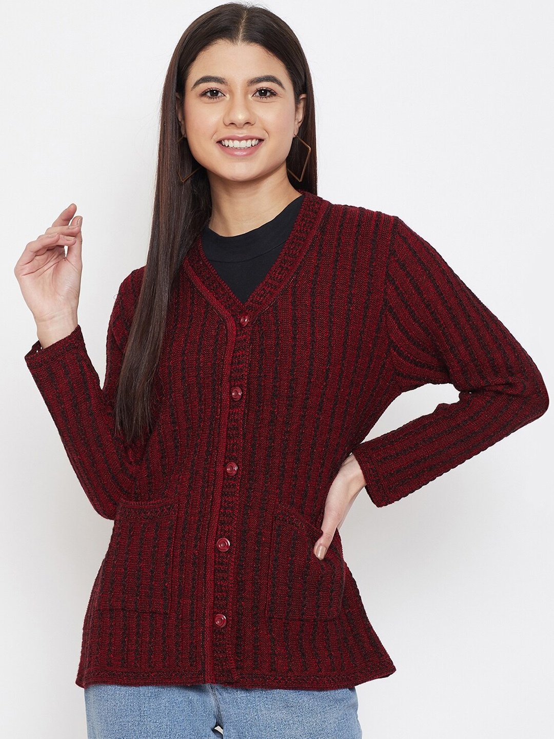Zigo Women Maroon Self Design Cardigan Sweater