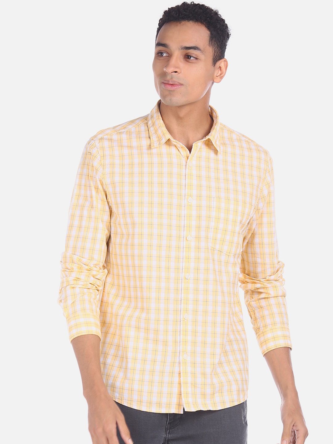 Ruggers Men Yellow Regular Fit Checked Casual Shirt