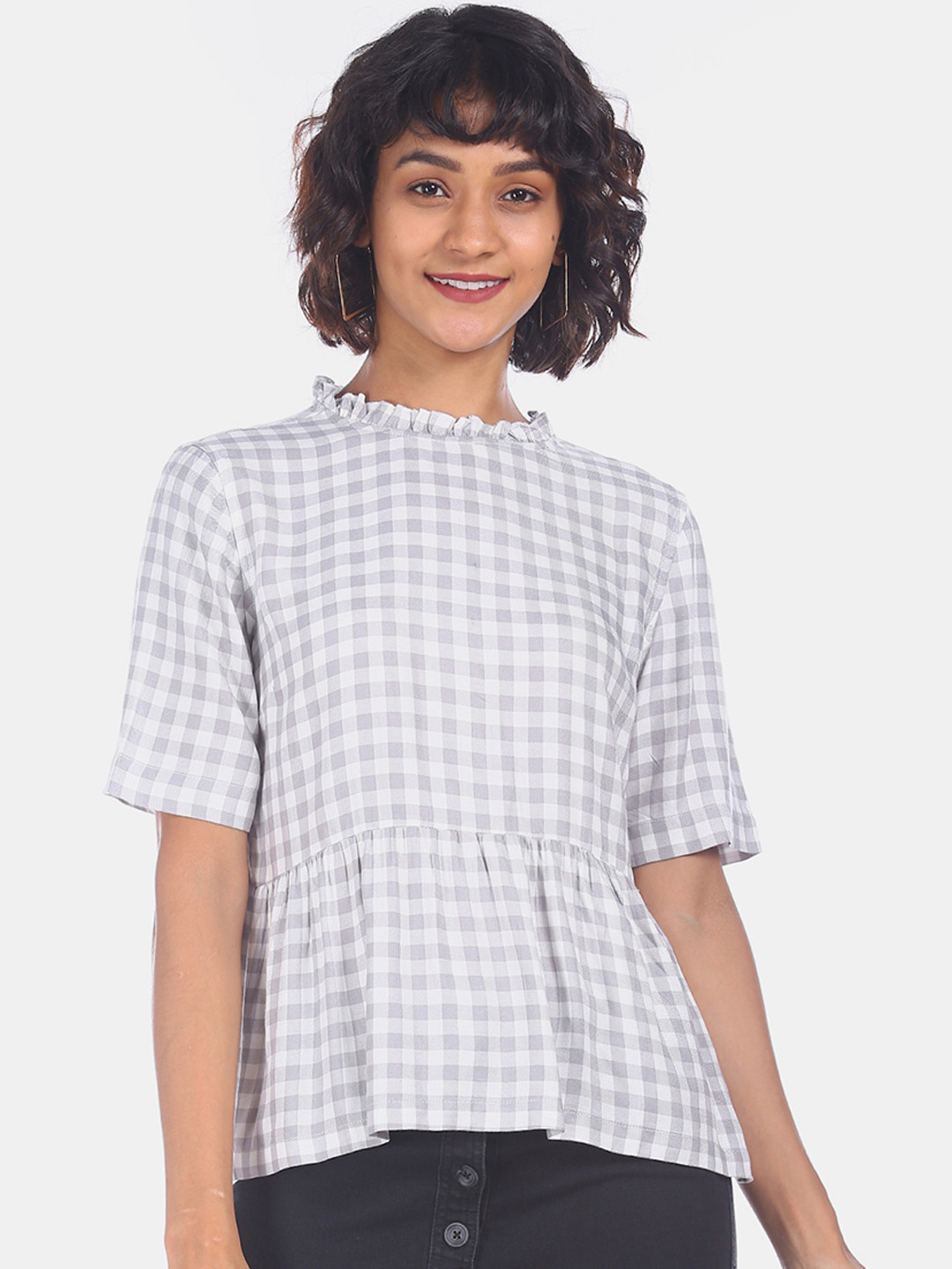 Cherokee Women Grey Checked Peplum Top 
Cherokee Women Grey Checked Peplum Top